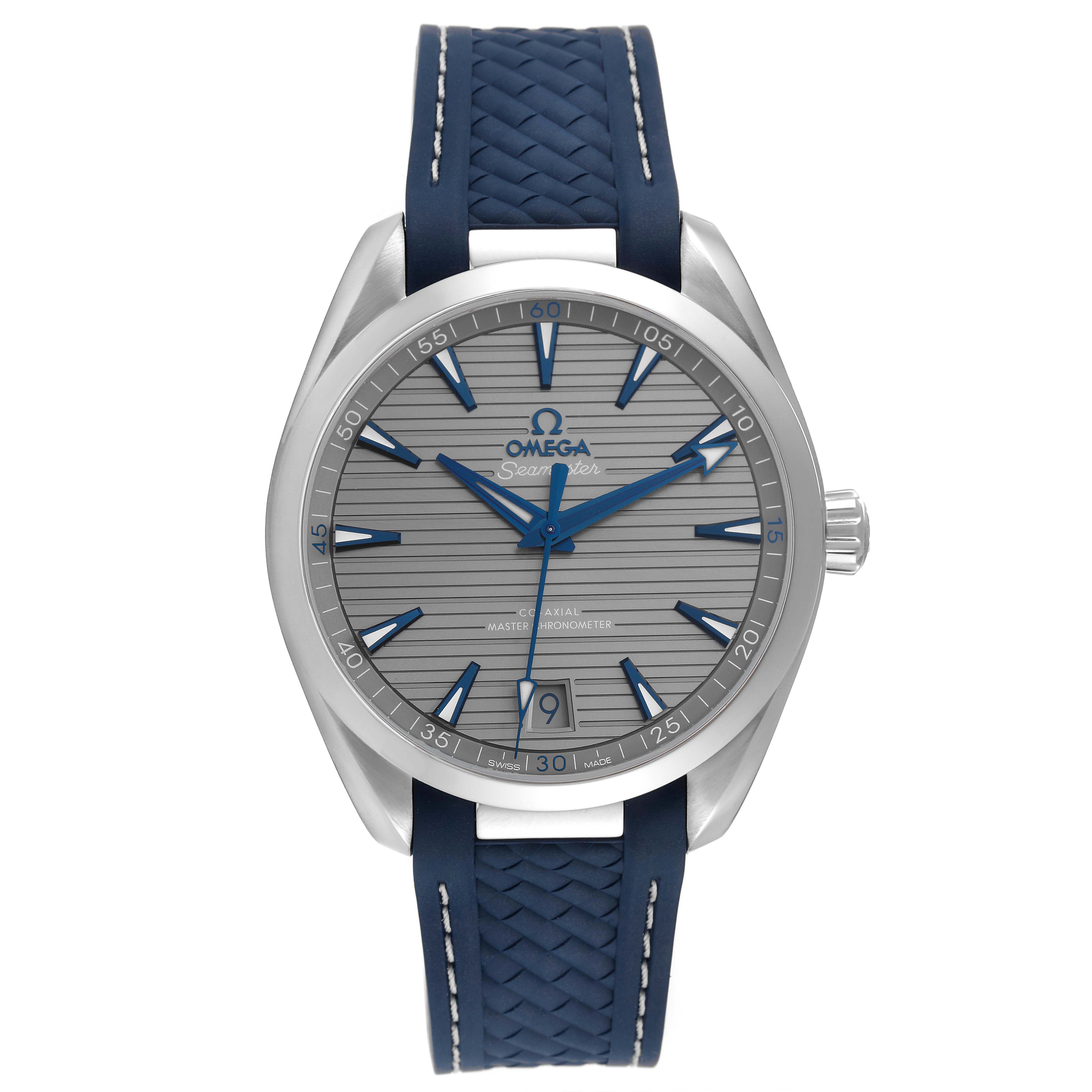 This Omega Aqua Terra 220.12.41.21.06.001 Men
s Stainless Steel Grey Dial 220.12.41.21.06.001 Men
s Stainless Steel Grey Dial model is shown from the front, displaying the face, case, bezel, and strap.