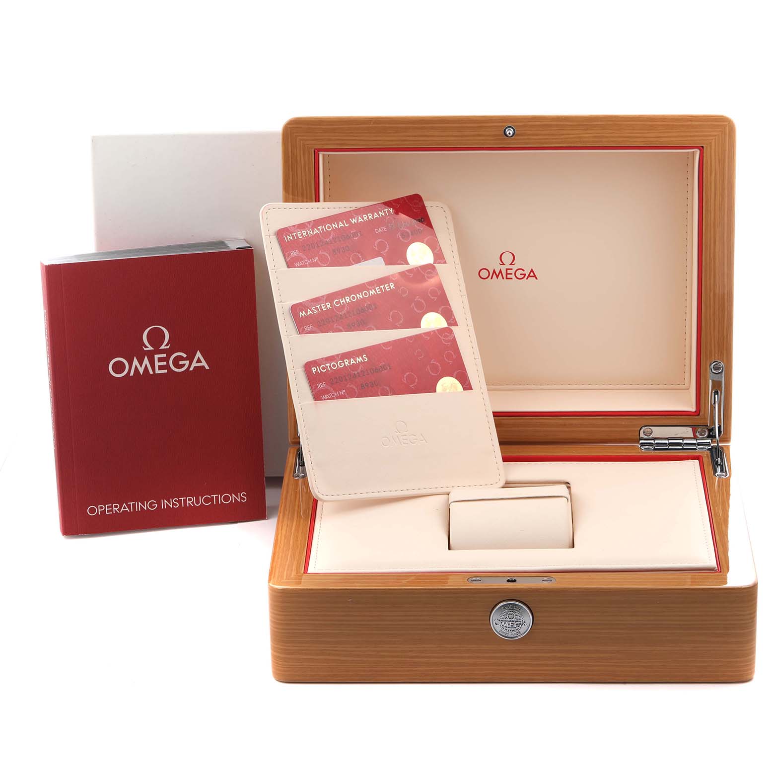 The image shows the Omega Aqua Terra 220.12.41.21.06.001 Men
s Stainless Steel Grey Dial 220.12.41.21.06.001 Men
s Stainless Steel Grey Dial watch accessories including a box, operating instructions, and warranty cards.