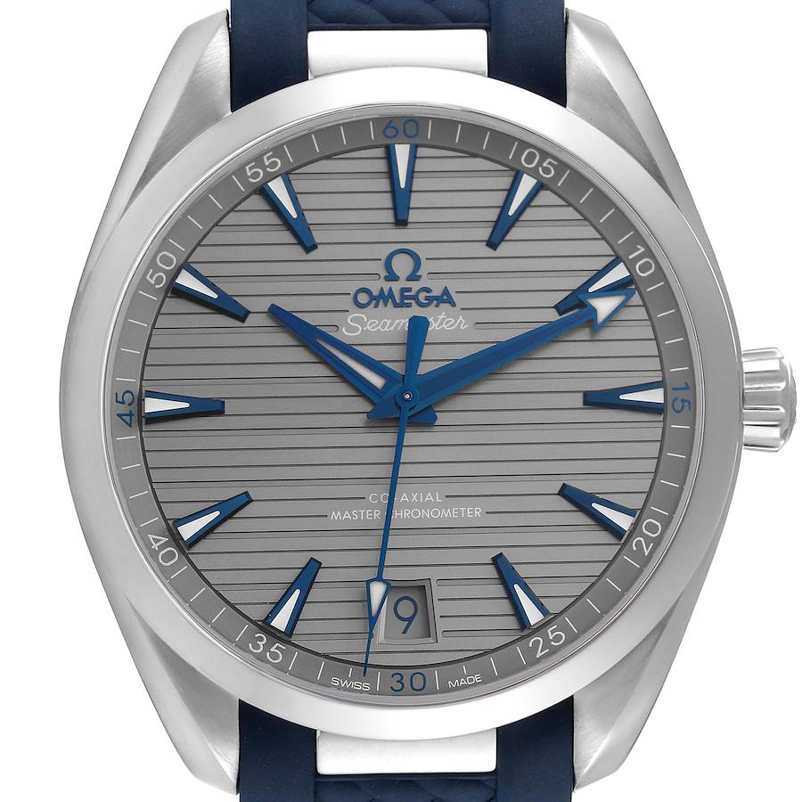 The image shows a front view of the Omega Aqua Terra watch, highlighting the dial, hands, and crown.