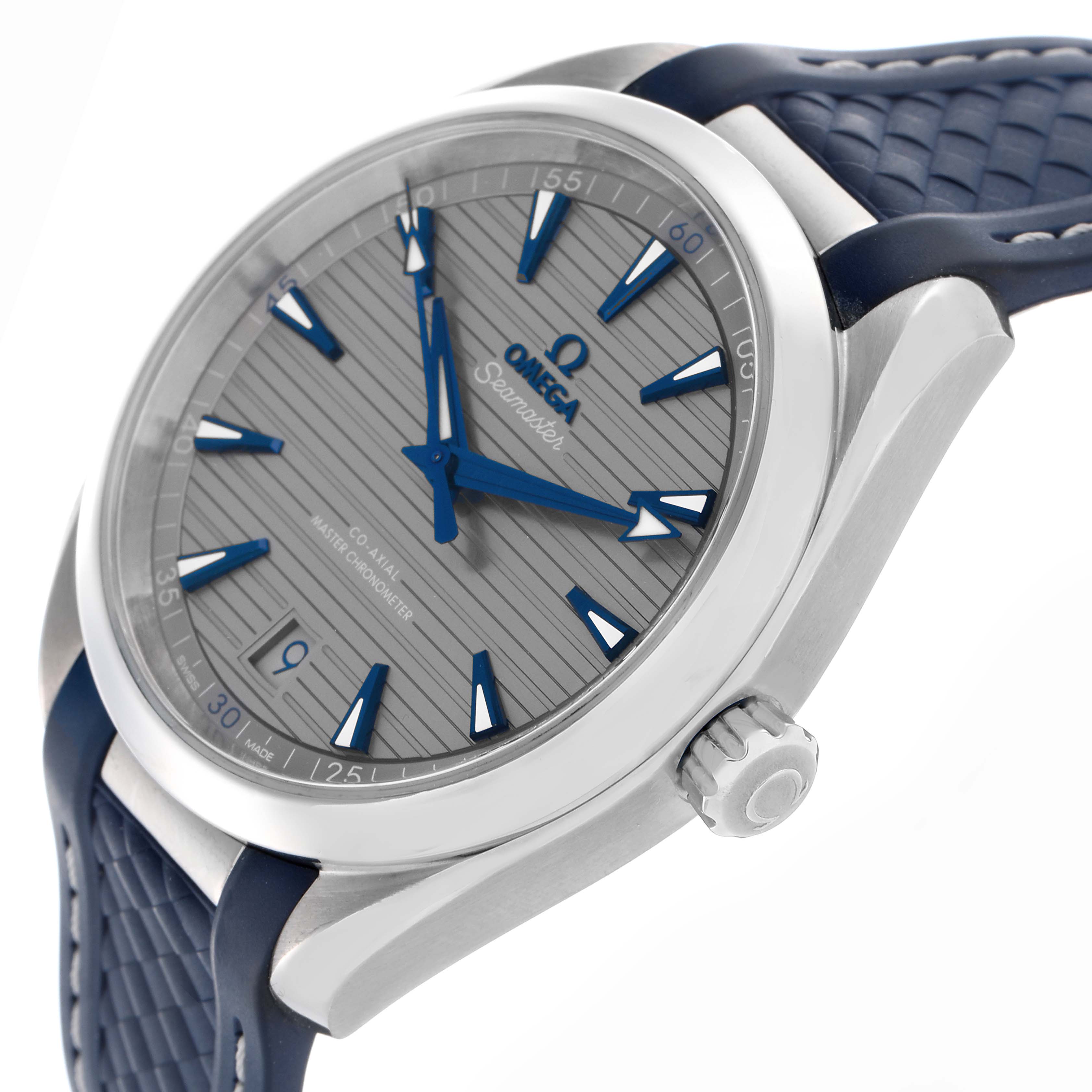 The Omega Aqua Terra 220.12.41.21.06.001 Men
s Stainless Steel Grey Dial 220.12.41.21.06.001 Men
s Stainless Steel Grey Dial watch is shown from an angled side view, displaying its face, bezel, crown, and part of the strap.