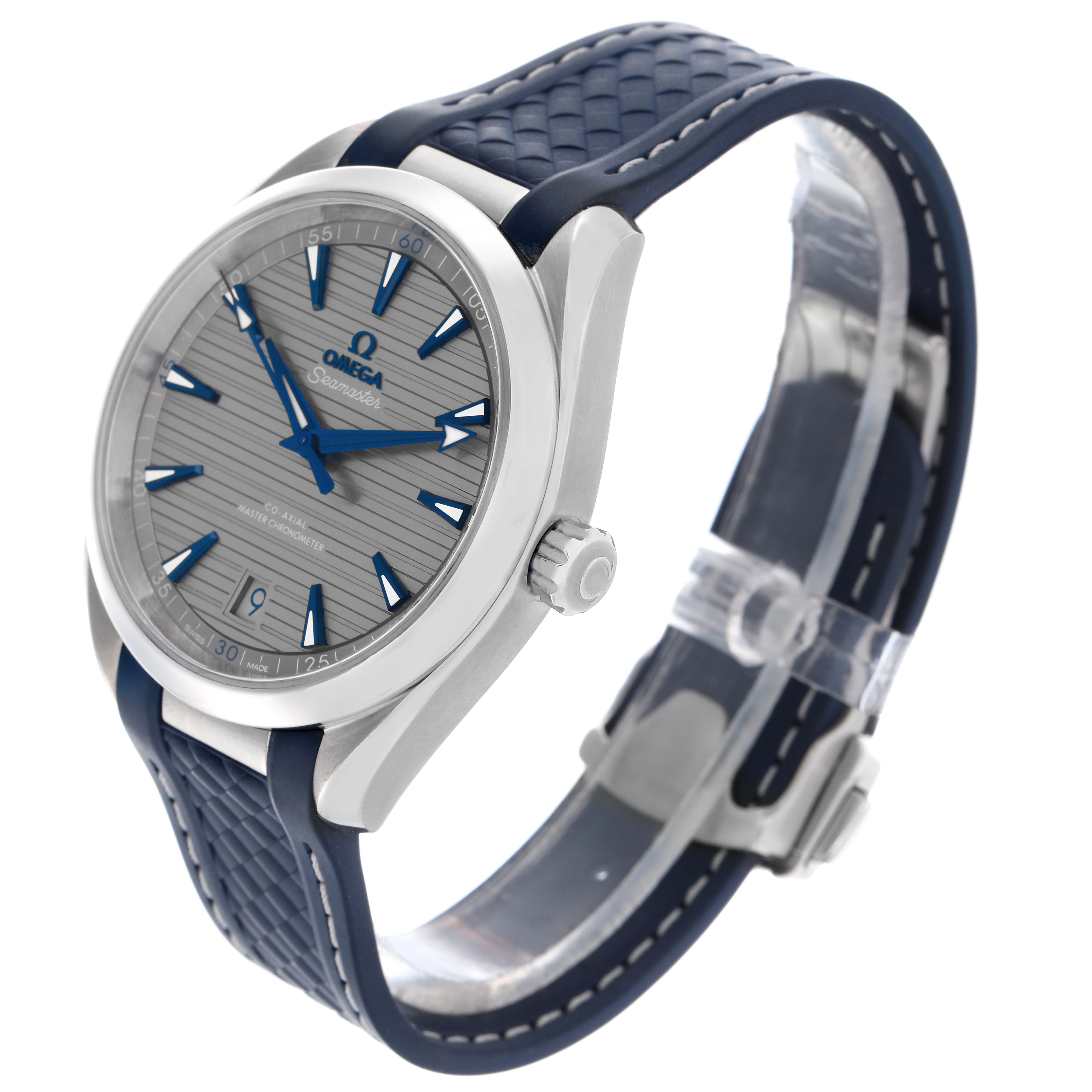 The Omega Aqua Terra 220.12.41.21.06.001 Men
s Stainless Steel Grey Dial 220.12.41.21.06.001 Men
s Stainless Steel Grey Dial watch is shown at a three-quarter angle, highlighting the face, strap, and crown.