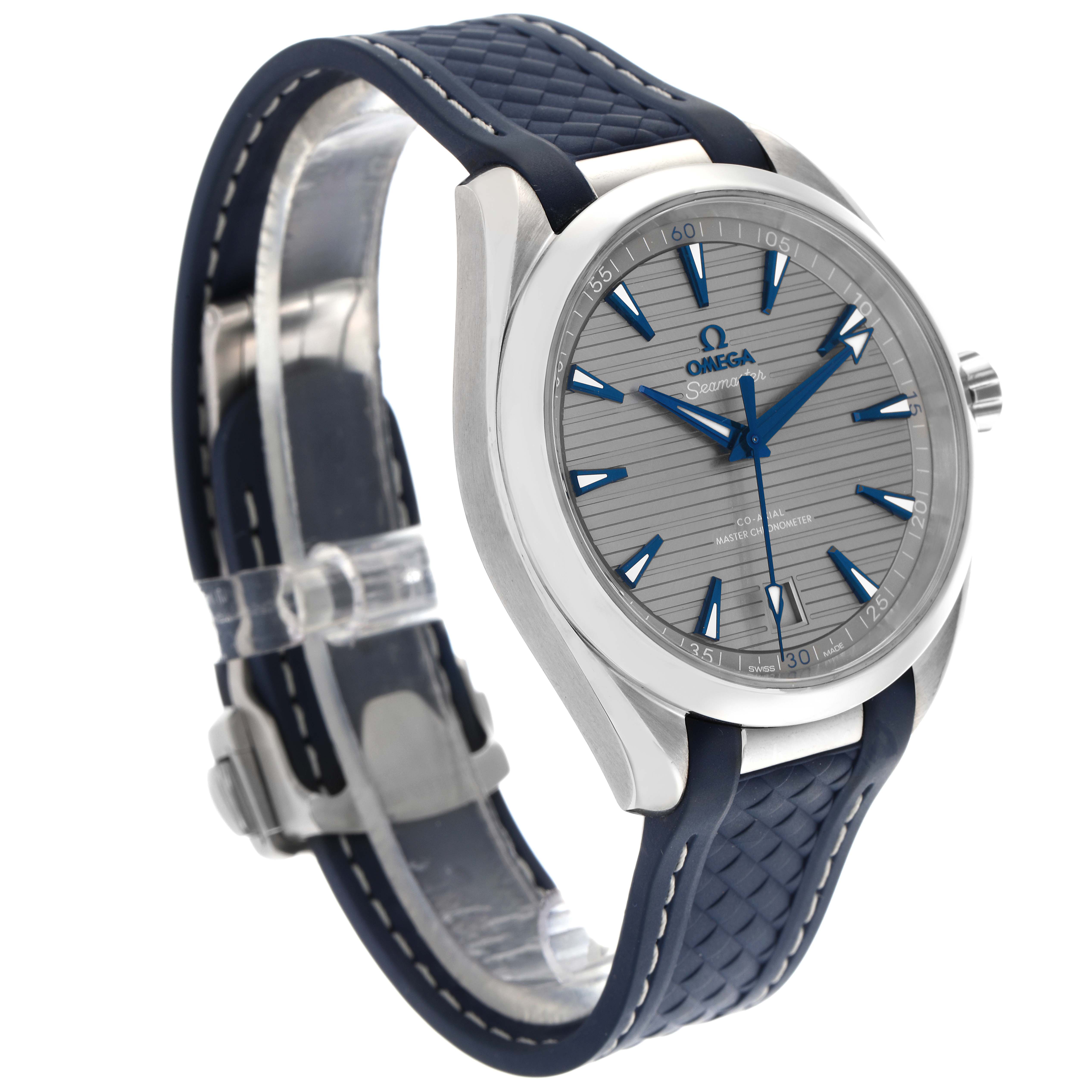 The Omega Aqua Terra 220.12.41.21.06.001 Men
s Stainless Steel Grey Dial 220.12.41.21.06.001 Men
s Stainless Steel Grey Dial watch is shown at a three-quarter angle highlighting the silver dial, blue markers, and blue strap.