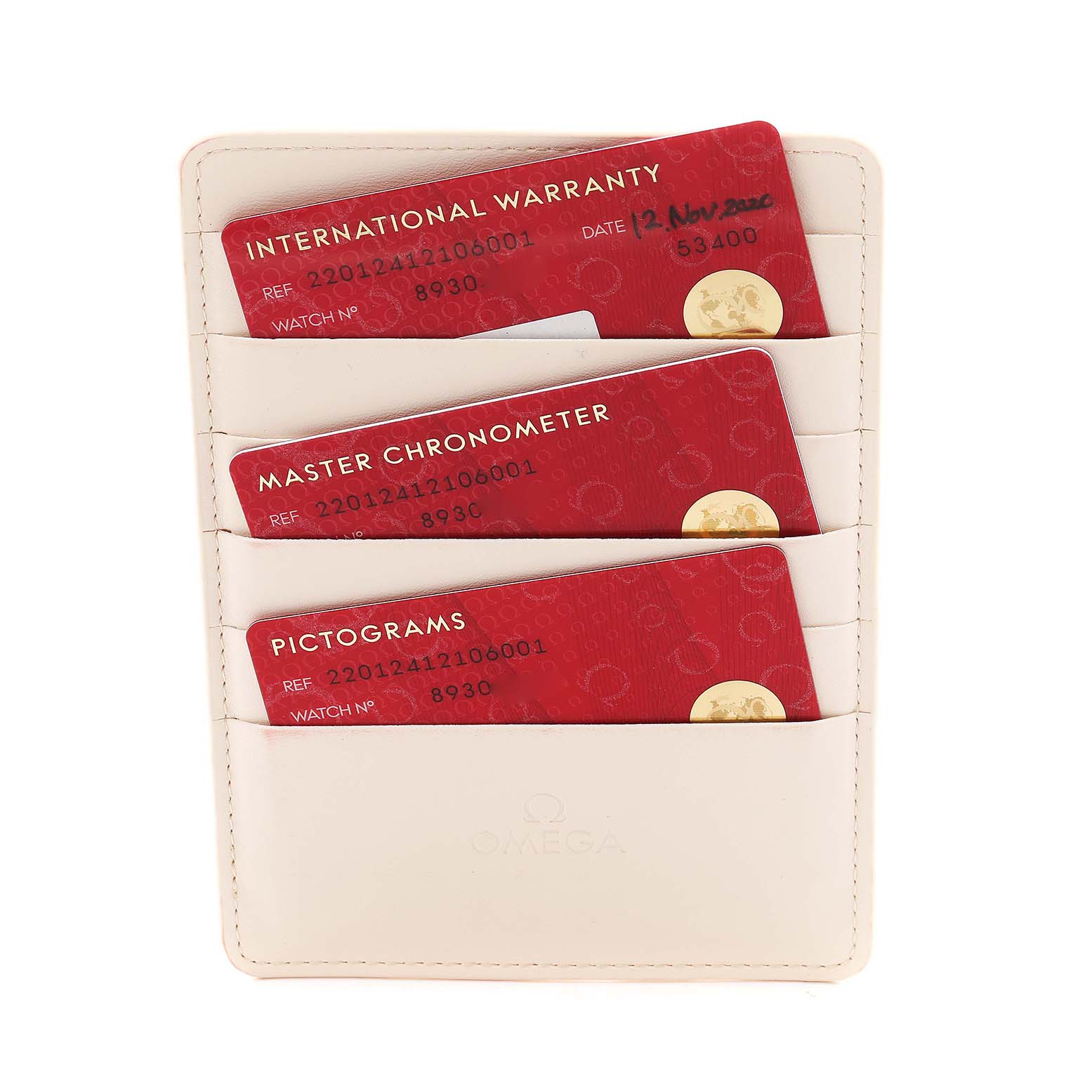 The image shows three red cards titled "International Warranty," "Master Chronometer," and "Pictograms" for the Omega Aqua Terra 220.12.41.21.06.001 Men
s Stainless Steel Grey Dial 220.12.41.21.06.001 Men
s Stainless Steel Grey Dial watch.