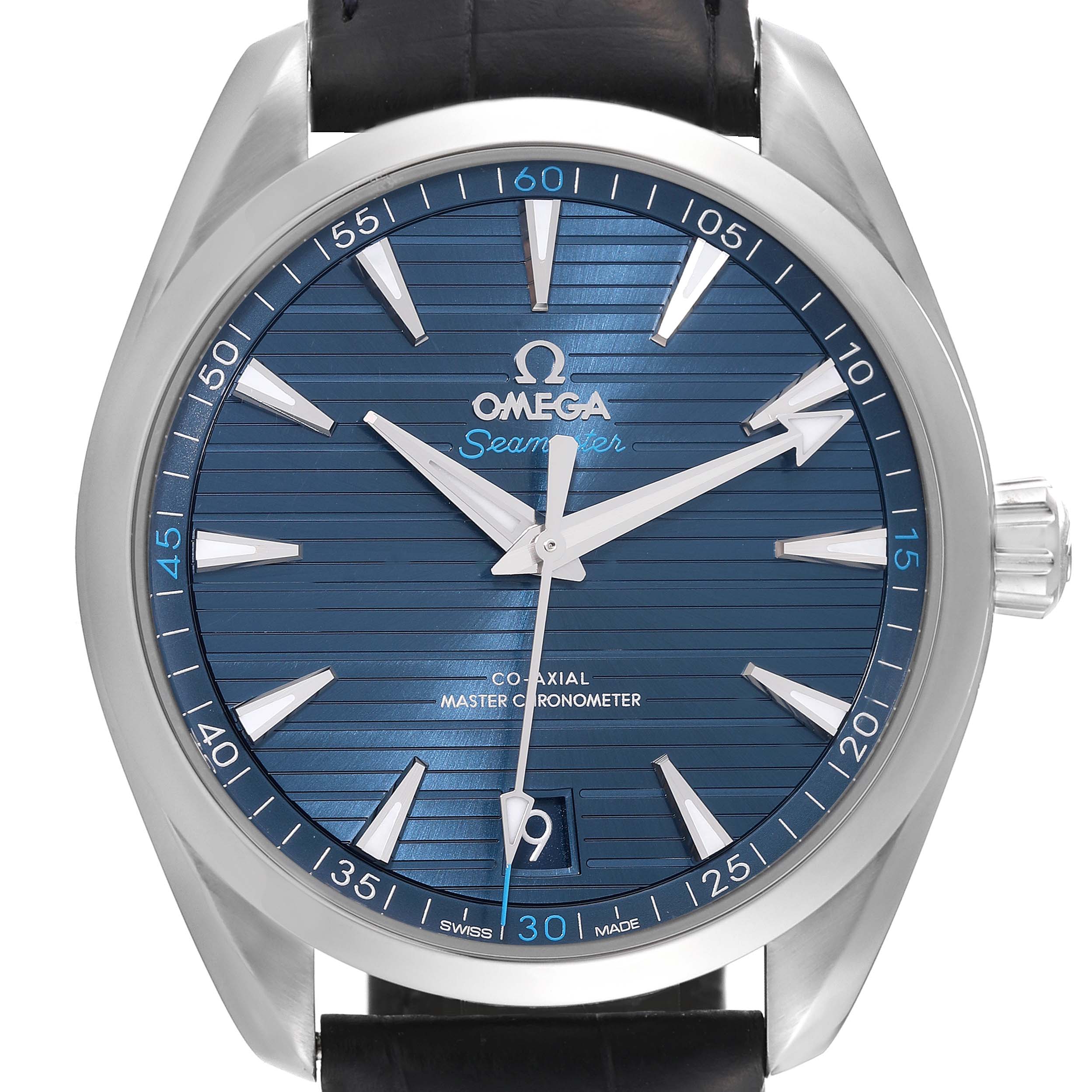 This image shows a front view of the Omega Aqua Terra 220.13.41.21.03.001 Men's Stainless Steel Blue Dial 220.13.41.21.03.001 Men's Stainless Steel Blue Dial watch, highlighting its blue dial, hour markers, hands, and crown.