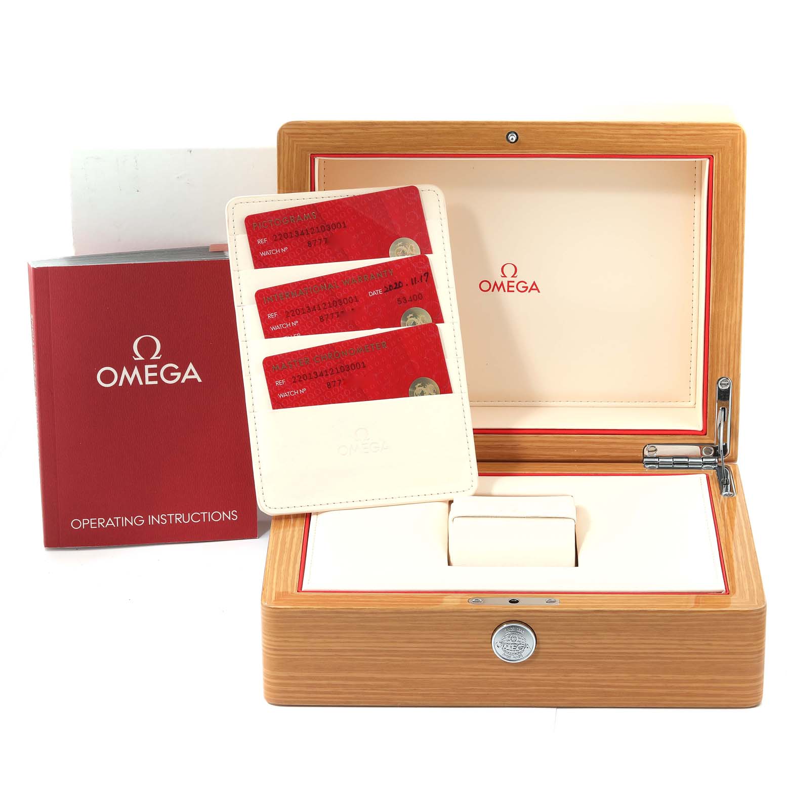 The image shows the packaging, warranty cards, and operating instructions for the Omega Aqua Terra 220.13.41.21.03.001 Men's Stainless Steel Blue Dial 220.13.41.21.03.001 Men's Stainless Steel Blue Dial watch.