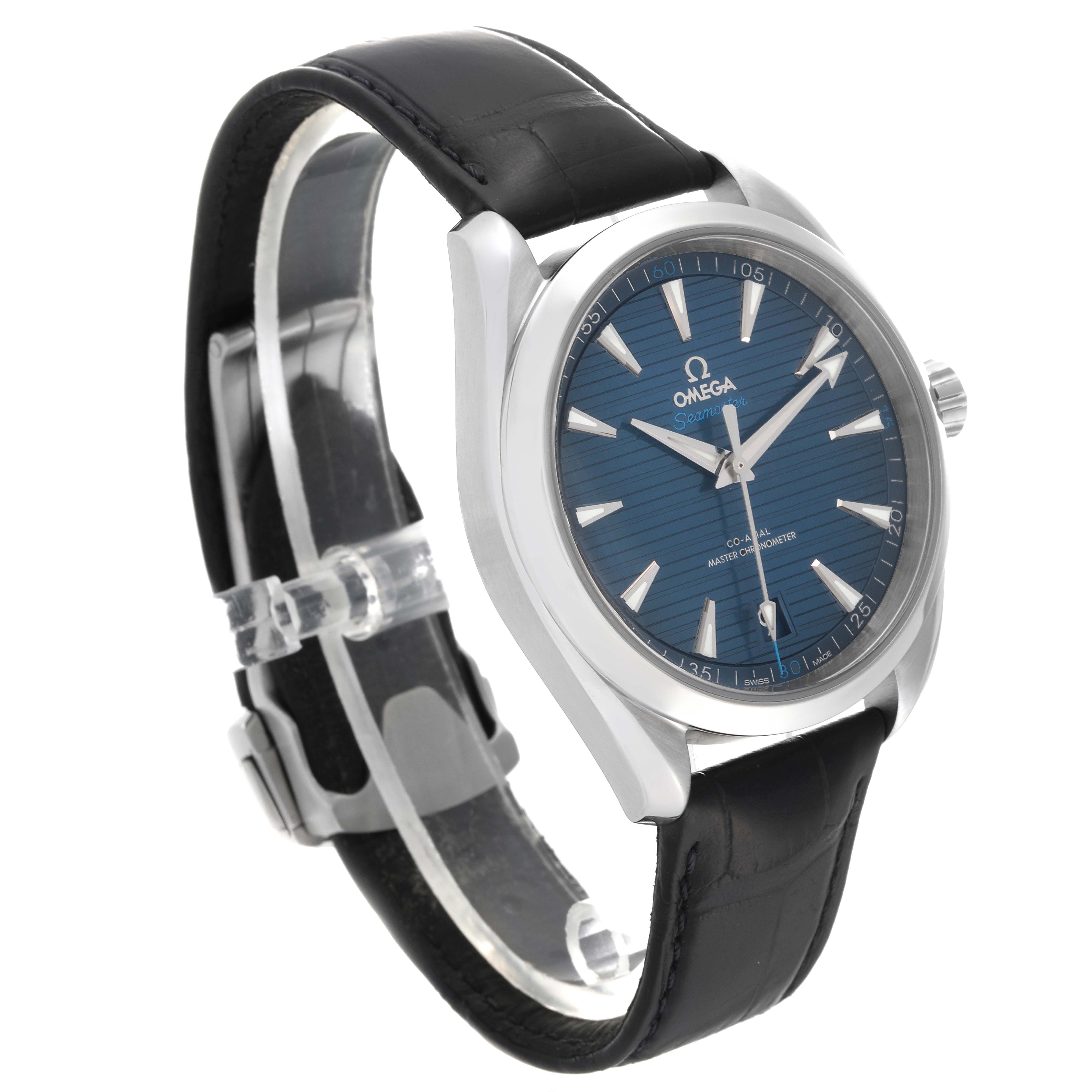 The image shows a side angle view of the Omega Aqua Terra 220.13.41.21.03.001 Men's Stainless Steel Blue Dial 220.13.41.21.03.001 Men's Stainless Steel Blue Dial watch highlighting its blue dial and black leather strap.