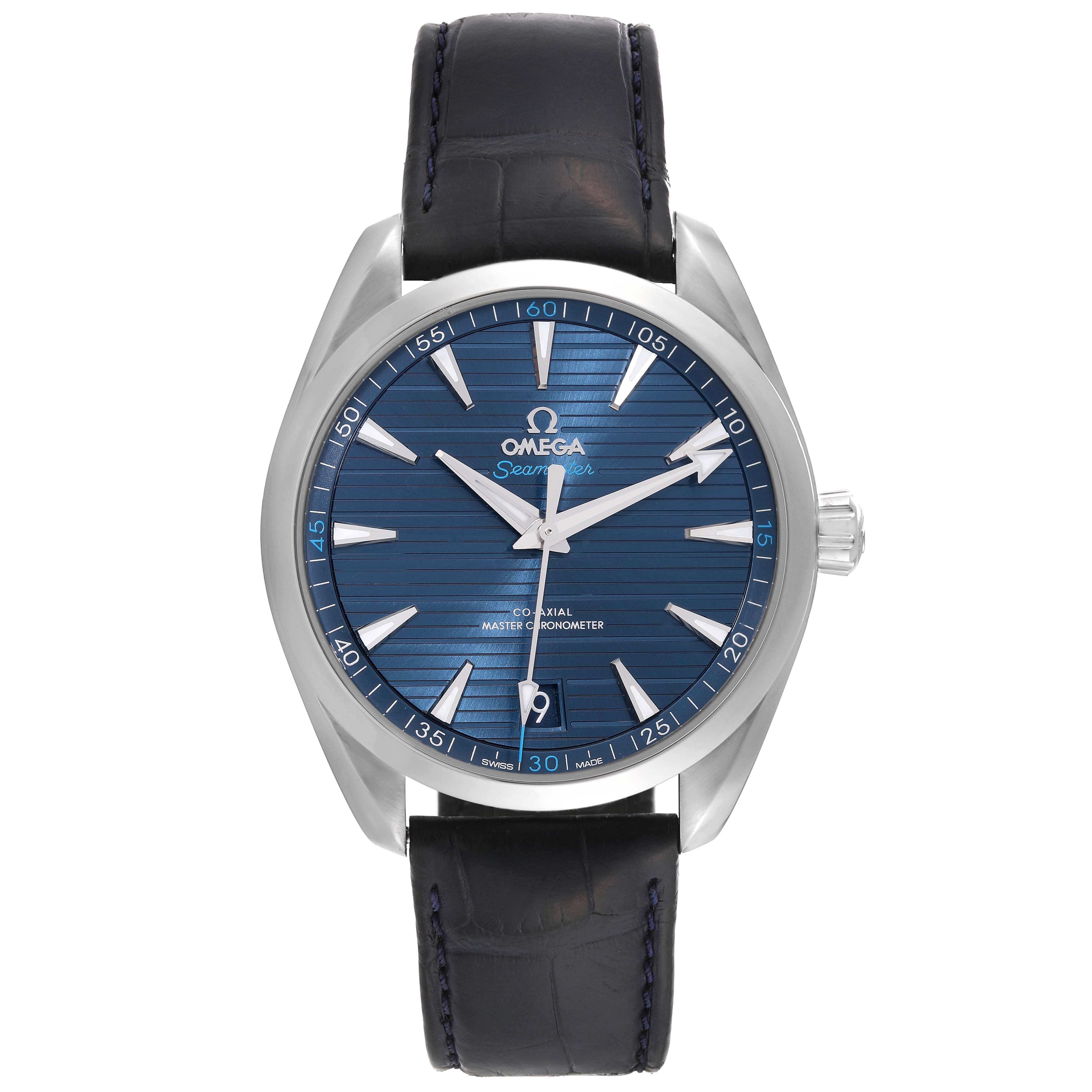 The image shows a front view of the Omega Aqua Terra 220.13.41.21.03.001 Men's Stainless Steel Blue Dial 220.13.41.21.03.001 Men's Stainless Steel Blue Dial watch, highlighting the blue dial, hour markers, hands, case, and leather strap.