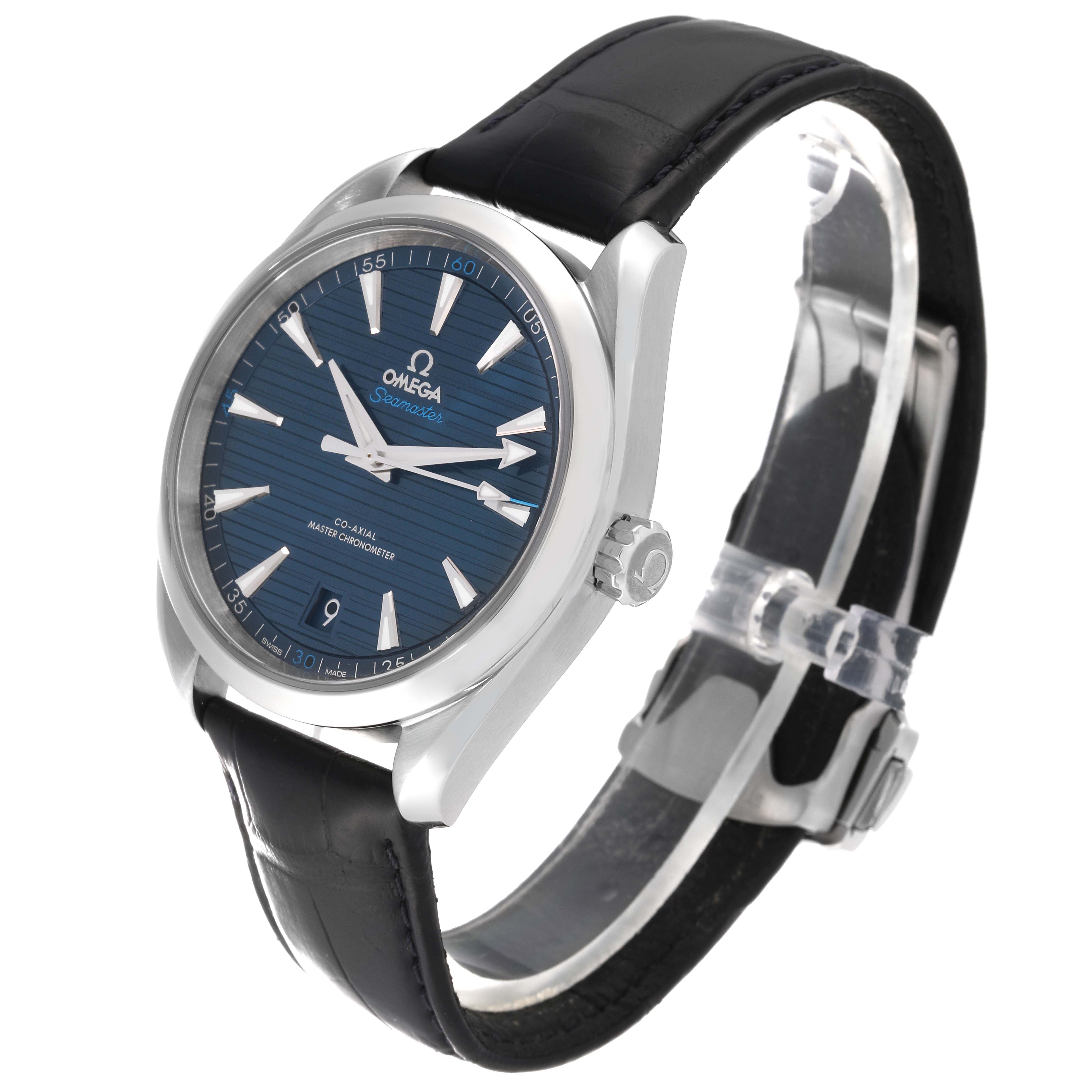 The Omega Aqua Terra 220.13.41.21.03.001 Men's Stainless Steel Blue Dial 220.13.41.21.03.001 Men's Stainless Steel Blue Dial watch is shown at an angle displaying the face, crown, and black leather strap.