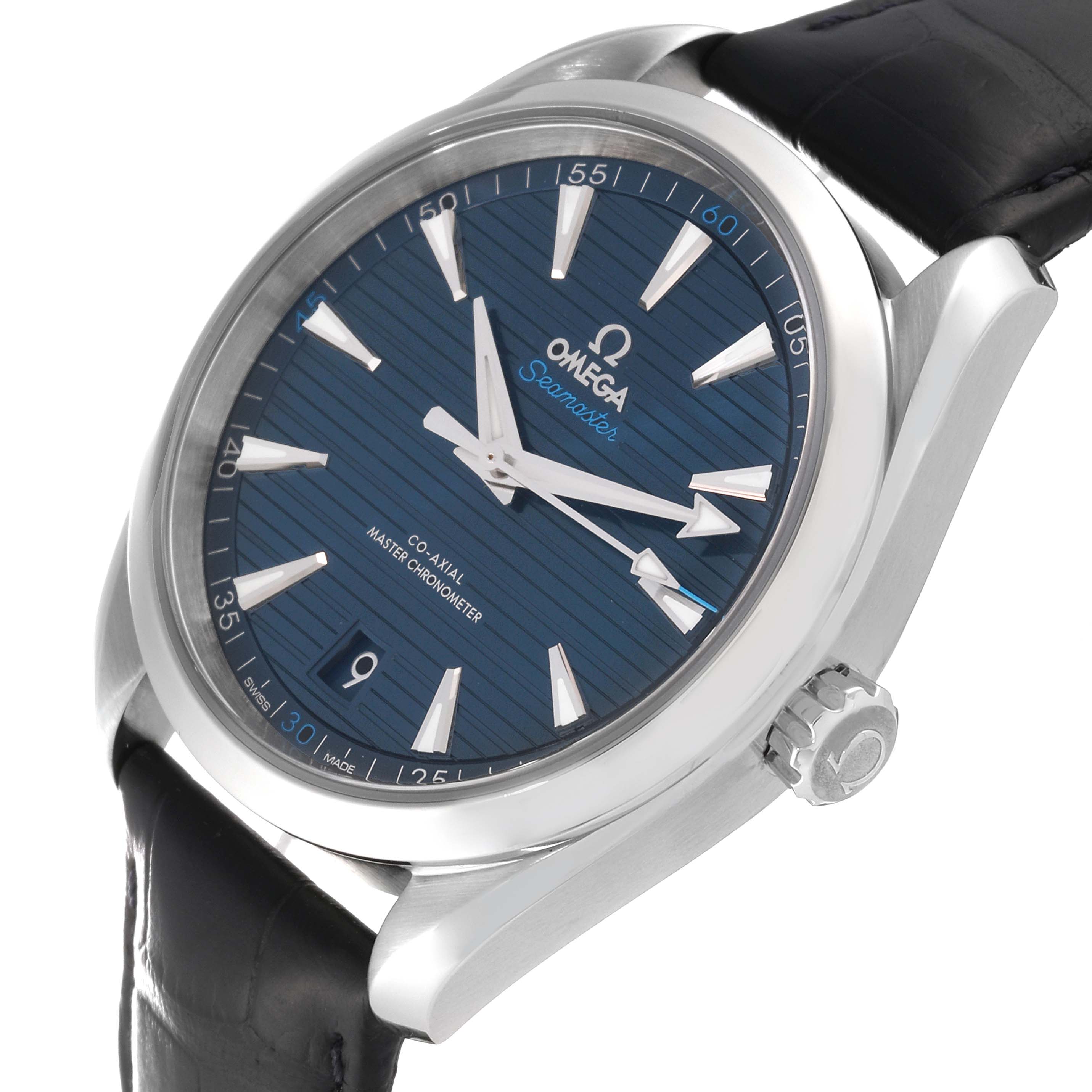 The image shows an angled view of the Omega Aqua Terra 220.13.41.21.03.001 Men's Stainless Steel Blue Dial 220.13.41.21.03.001 Men's Stainless Steel Blue Dial watch, highlighting the dial, bezel, and part of the strap.