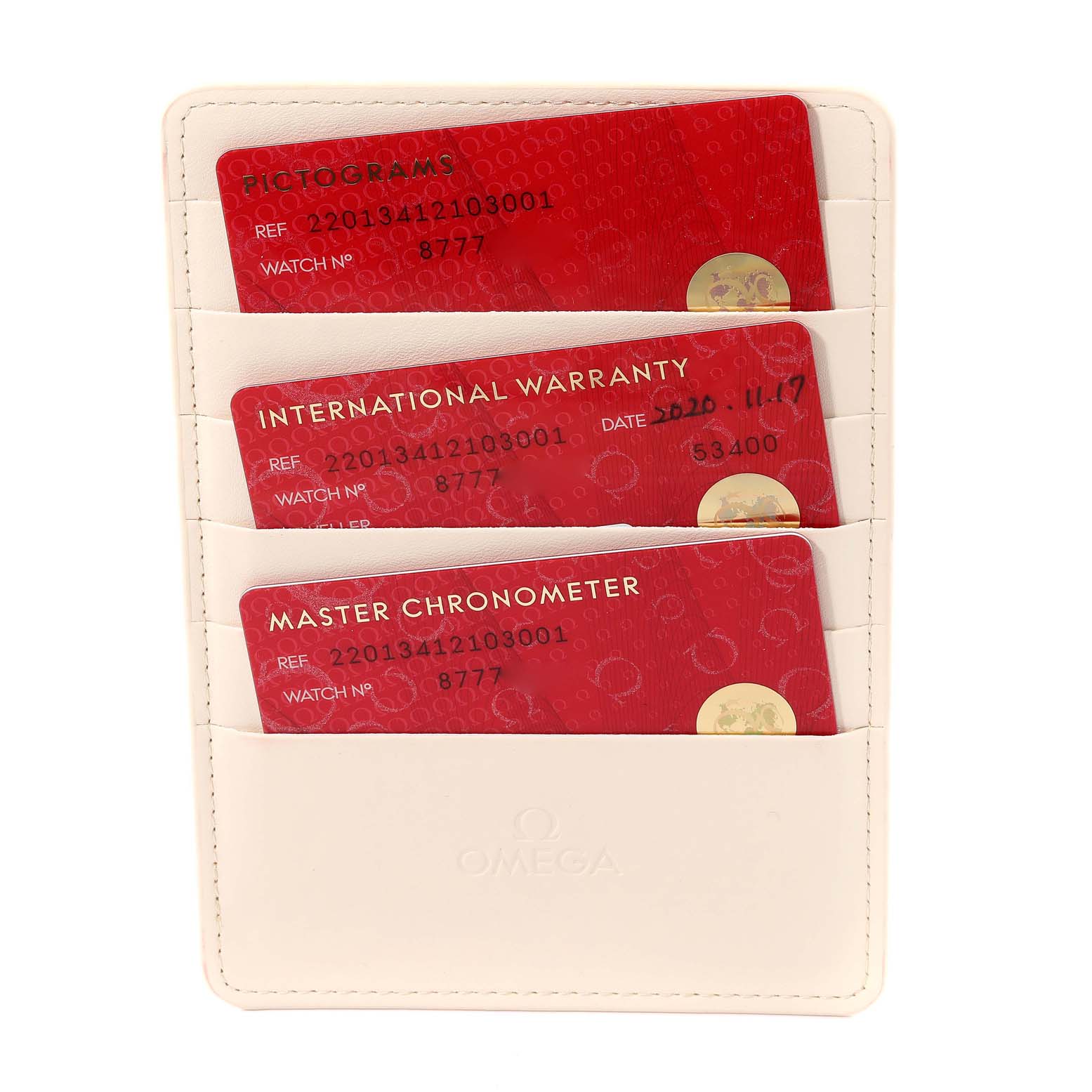 This image shows warranty and certification cards for an Omega Aqua Terra 220.13.41.21.03.001 Men's Stainless Steel Blue Dial 220.13.41.21.03.001 Men's Stainless Steel Blue Dial watch, held in a white cardholder.