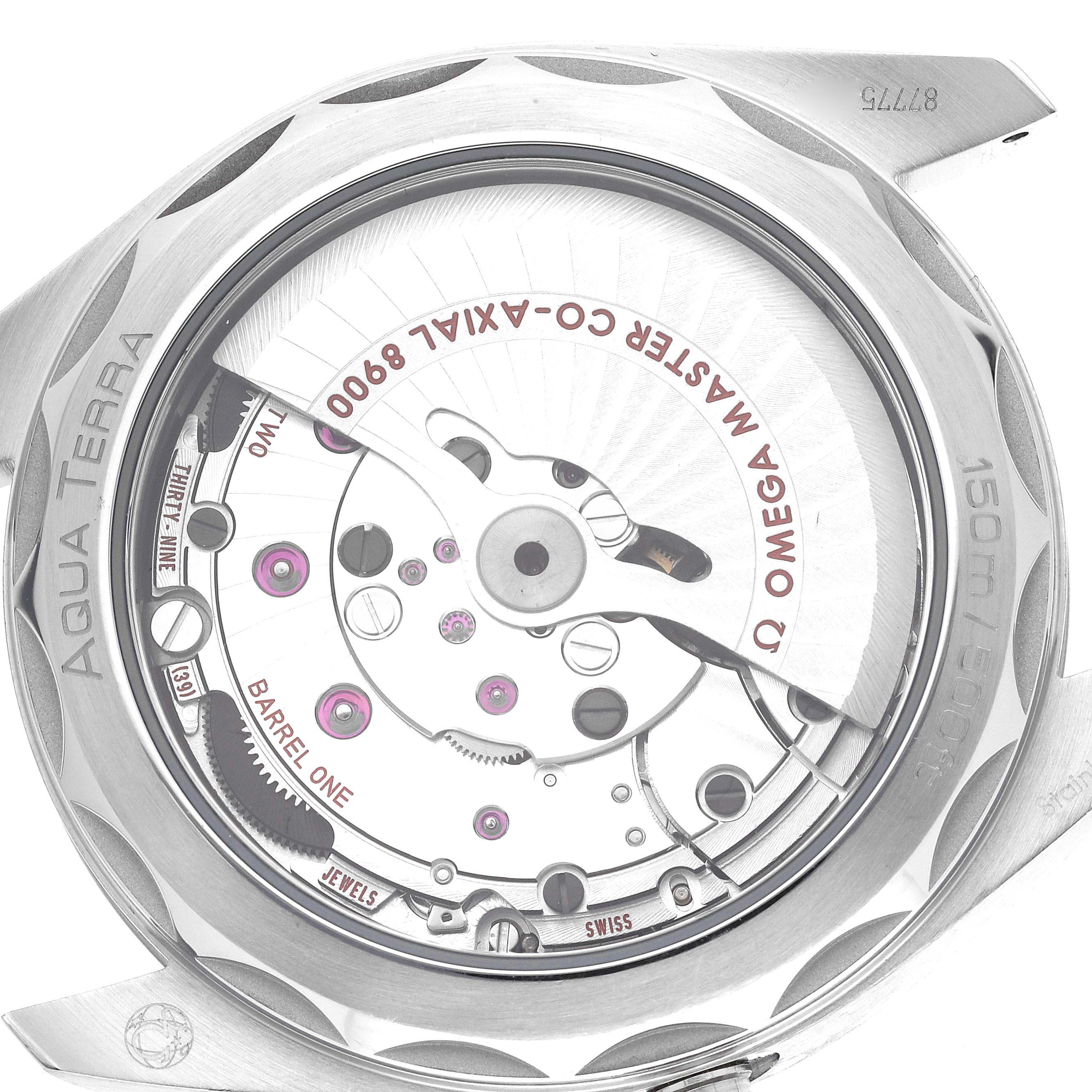 The image shows the back view of the Omega Aqua Terra 220.13.41.21.03.001 Men's Stainless Steel Blue Dial 220.13.41.21.03.001 Men's Stainless Steel Blue Dial watch, specifically highlighting the Co-Axial 8900 movement.