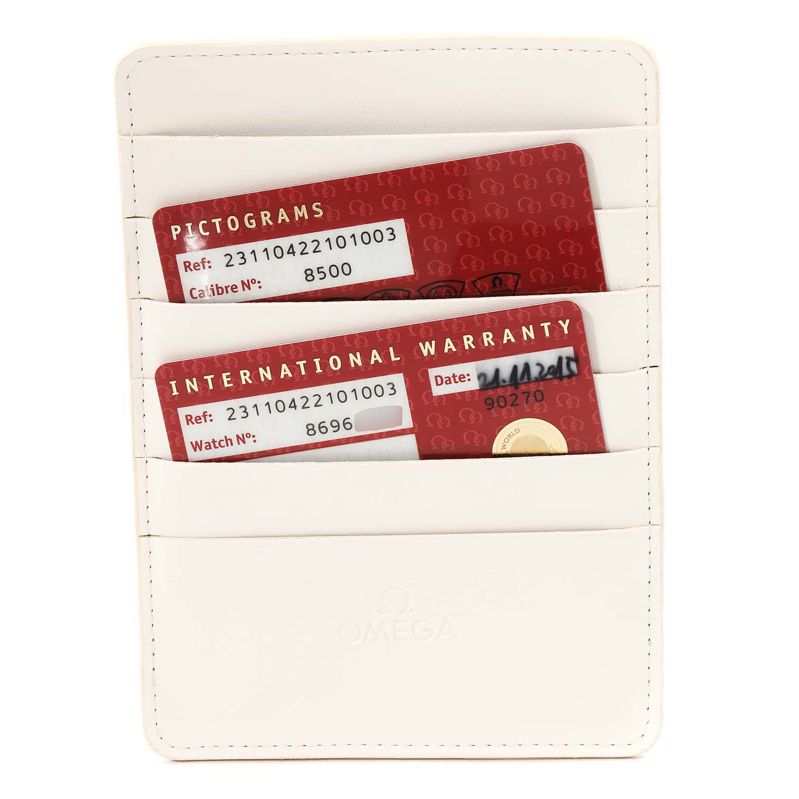 This image shows the International Warranty and Pictograms cards of an Omega Aqua Terra 231.10.42.21.01.003 Men's Stainless Steel Black Dial 231.10.42.21.01.003 Men's Stainless Steel Black Dial model watch in a white card holder.