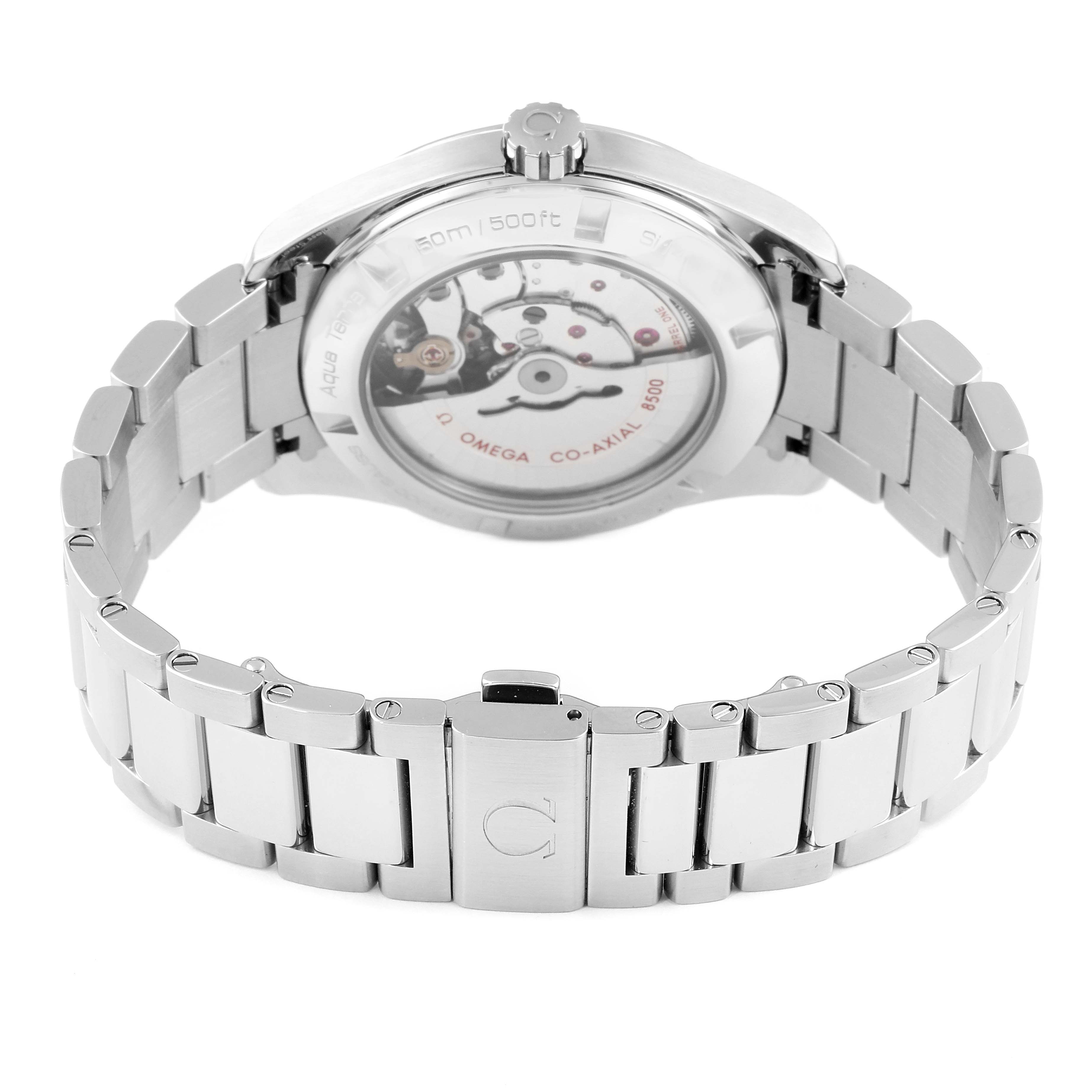 The image shows the back view of an Omega Aqua Terra 231.10.42.21.01.003 Men's Stainless Steel Black Dial 231.10.42.21.01.003 Men's Stainless Steel Black Dial watch, highlighting its movement and stainless steel bracelet.