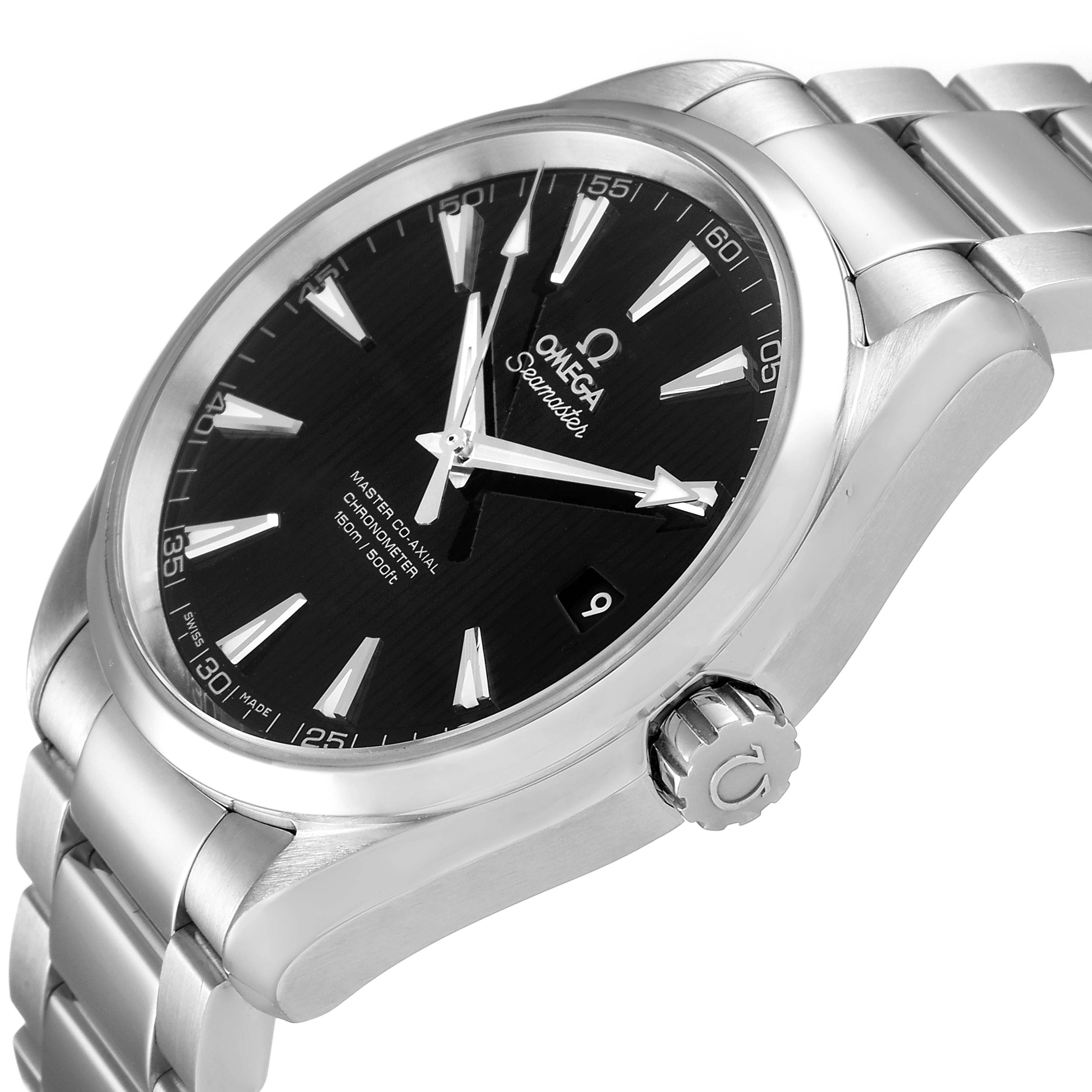 The image shows a side angle of the Omega Aqua Terra 231.10.42.21.01.003 Men's Stainless Steel Black Dial 231.10.42.21.01.003 Men's Stainless Steel Black Dial watch, highlighting the dial, crown, and part of the bracelet.