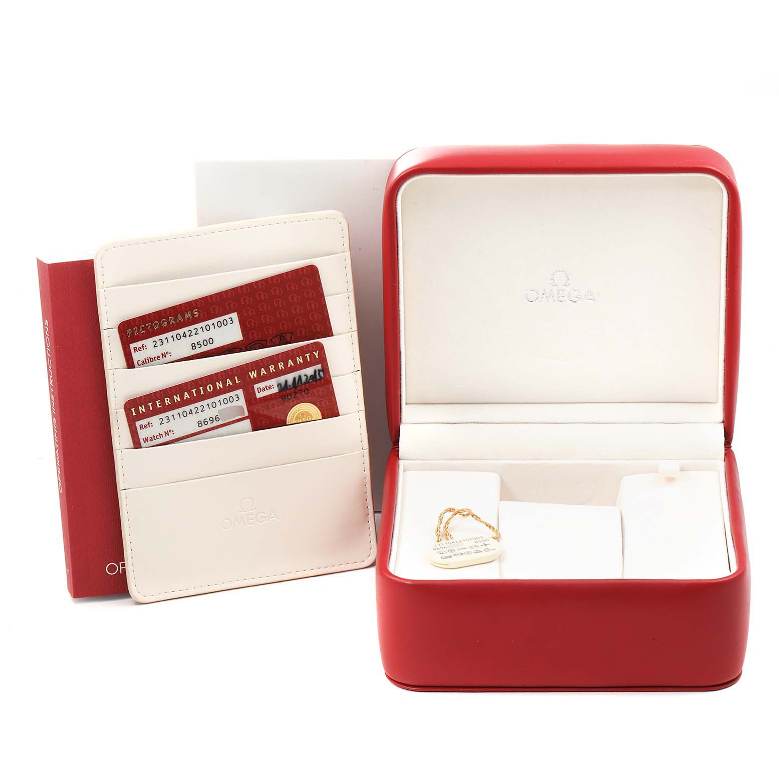 The image shows the Omega Aqua Terra 231.10.42.21.01.003 Men's Stainless Steel Black Dial 231.10.42.21.01.003 Men's Stainless Steel Black Dial model accessories including an open watch box and warranty cards.