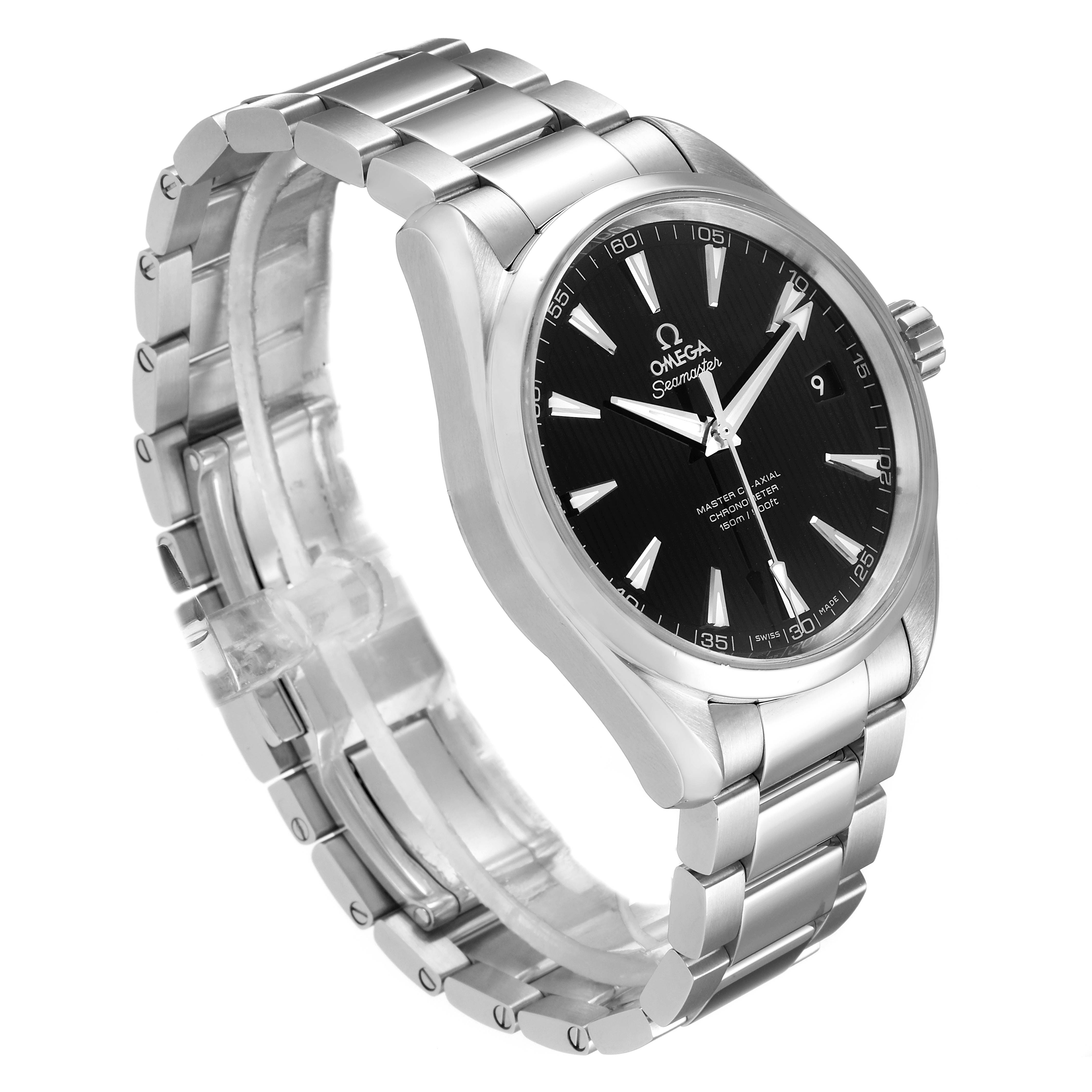 The image shows an Omega Aqua Terra 231.10.42.21.01.003 Men's Stainless Steel Black Dial 231.10.42.21.01.003 Men's Stainless Steel Black Dial watch angled slightly from the left, displaying its face, stainless steel bracelet, and crown.