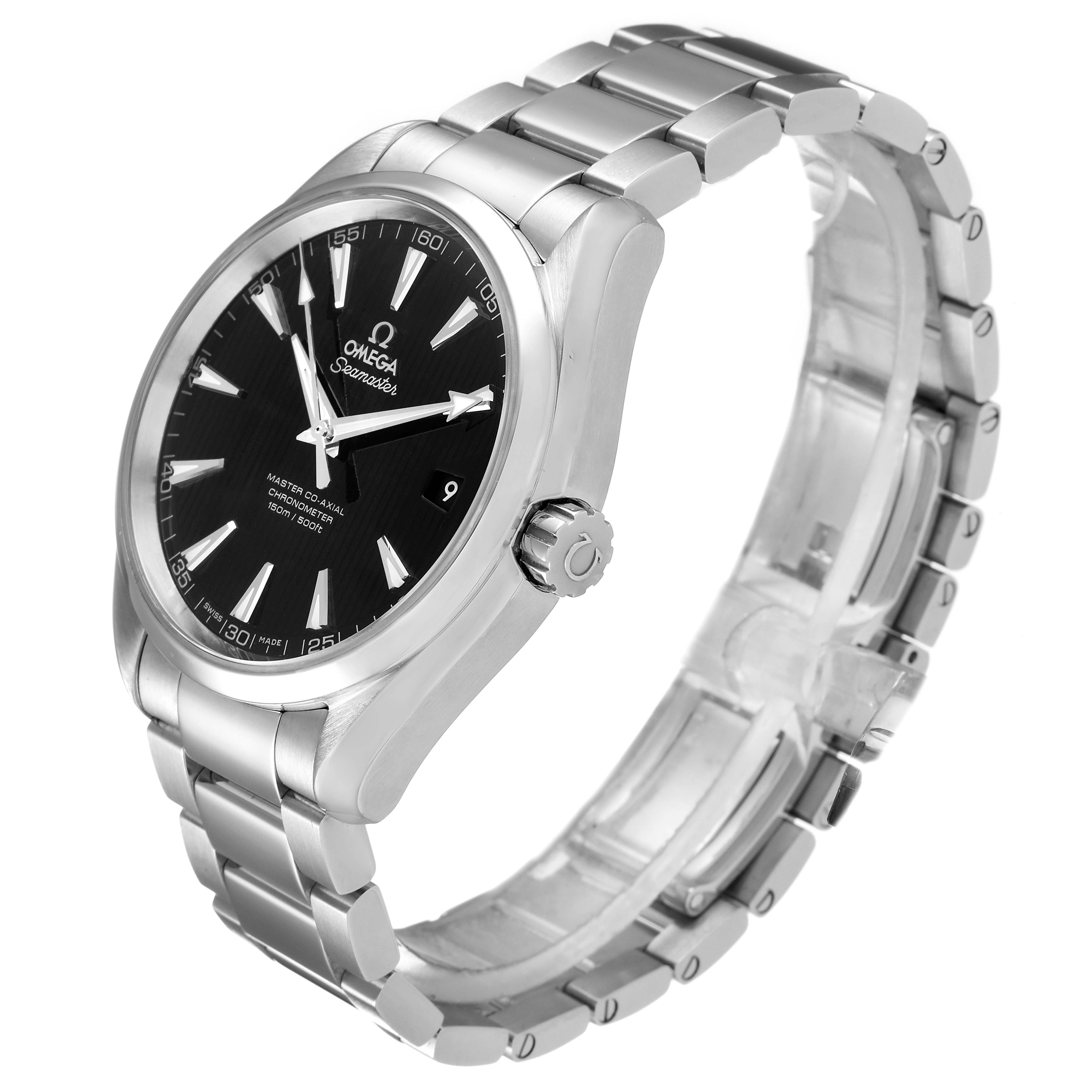 The Omega Aqua Terra 231.10.42.21.01.003 Men's Stainless Steel Black Dial 231.10.42.21.01.003 Men's Stainless Steel Black Dial watch is shown at a front-side angle displaying its black dial, bracelet, and crown.