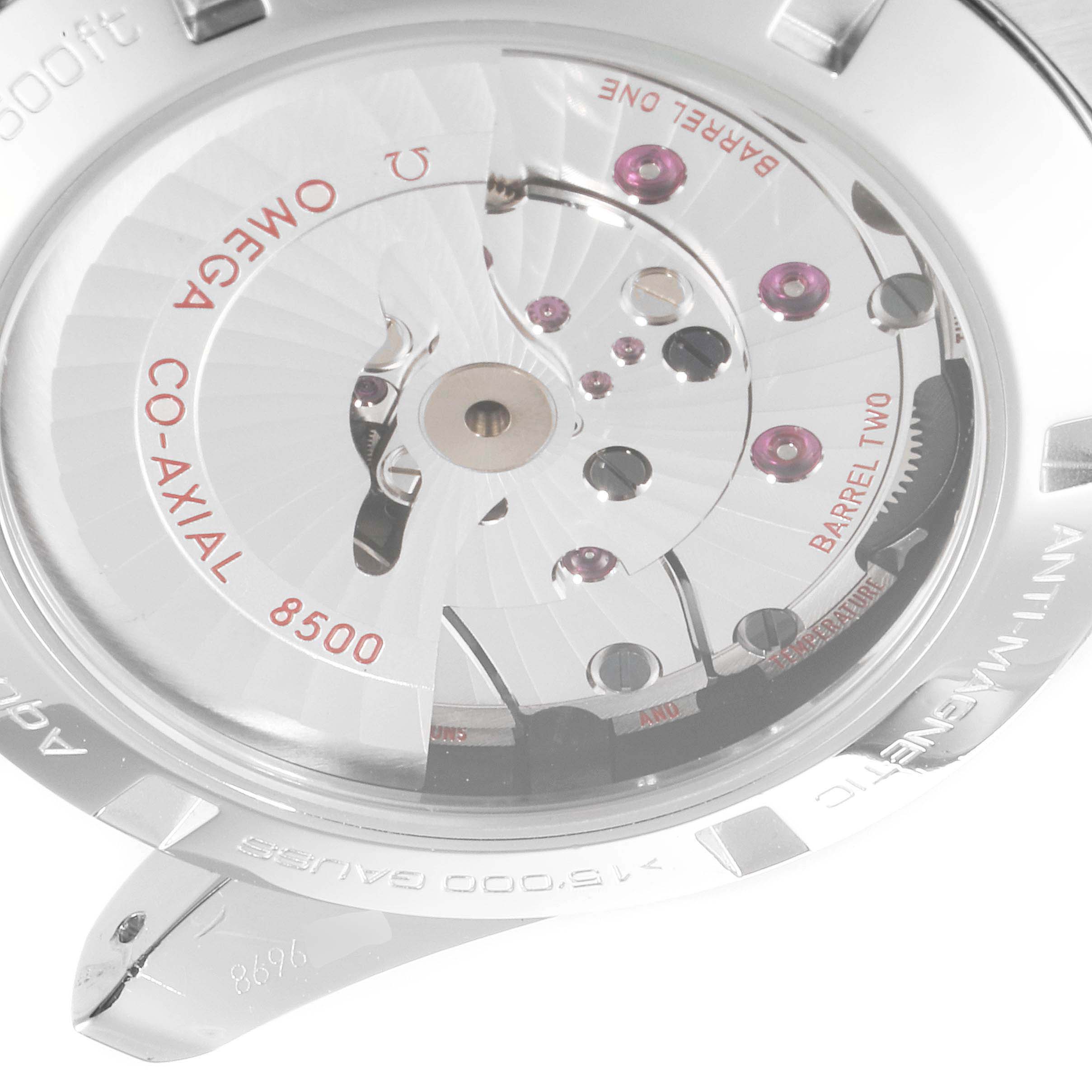 This image shows the back view of the Omega Aqua Terra 231.10.42.21.01.003 Men's Stainless Steel Black Dial 231.10.42.21.01.003 Men's Stainless Steel Black Dial watch, highlighting the intricate movement and Co-Axial mechanism.