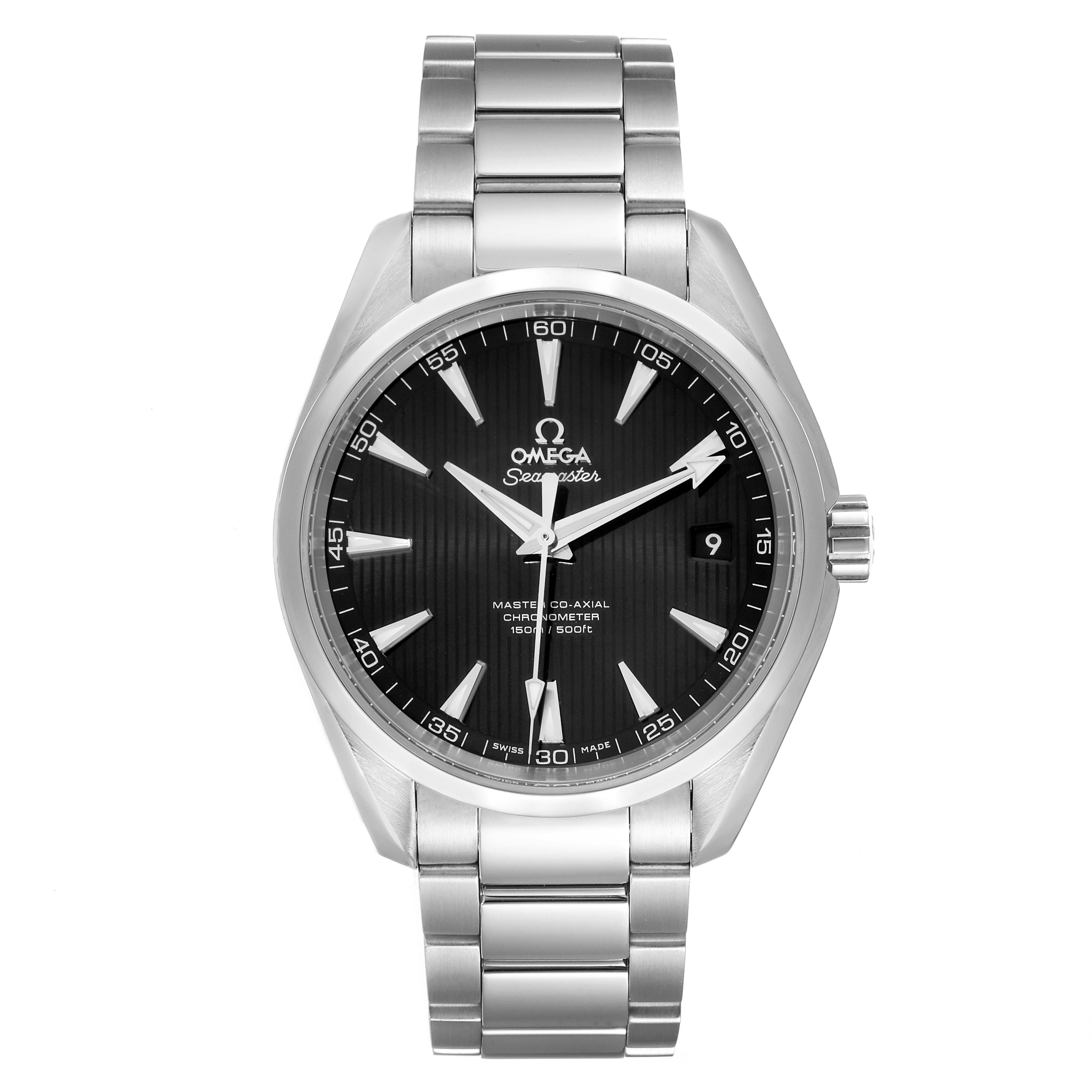 This image shows a frontal view of the Omega Aqua Terra 231.10.42.21.01.003 Men's Stainless Steel Black Dial 231.10.42.21.01.003 Men's Stainless Steel Black Dial watch, featuring the dial, bracelet, and crown.