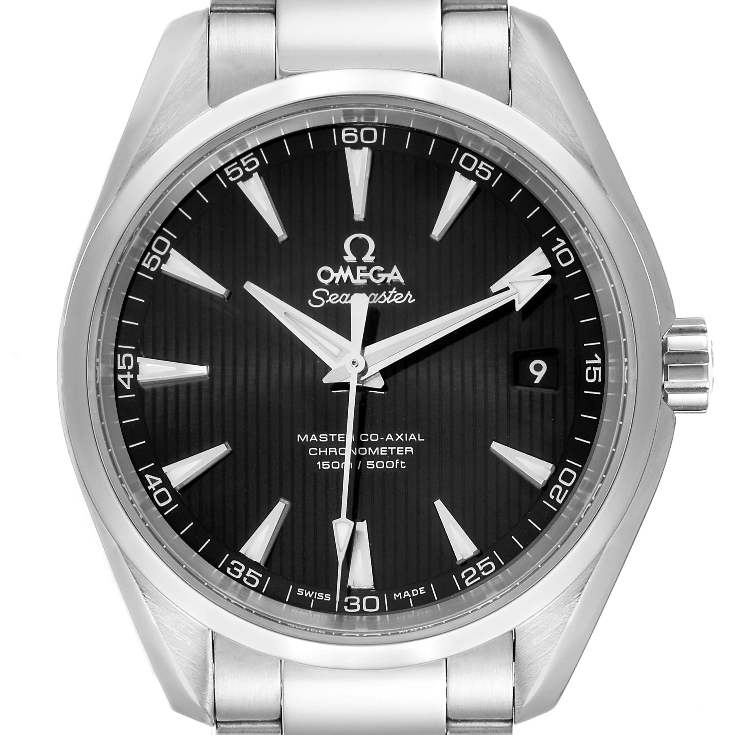 The image shows a front view of the Omega Aqua Terra 231.10.42.21.01.003 Men's Stainless Steel Black Dial 231.10.42.21.01.003 Men's Stainless Steel Black Dial watch, highlighting its black dial, minute markers, and stainless steel casing.