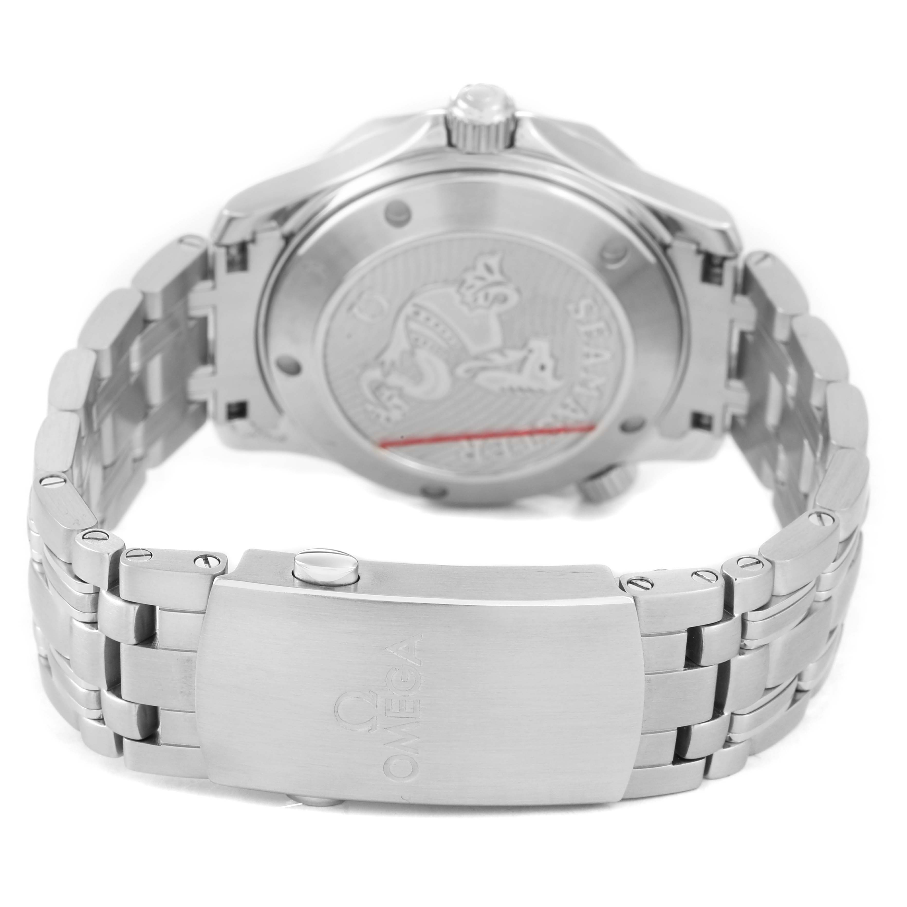The image shows the back of the Omega Seamaster 212.30.36.20.03.001 Men's Stainless Steel Blue Dial watch, focusing on the case back and stainless steel bracelet clasp.