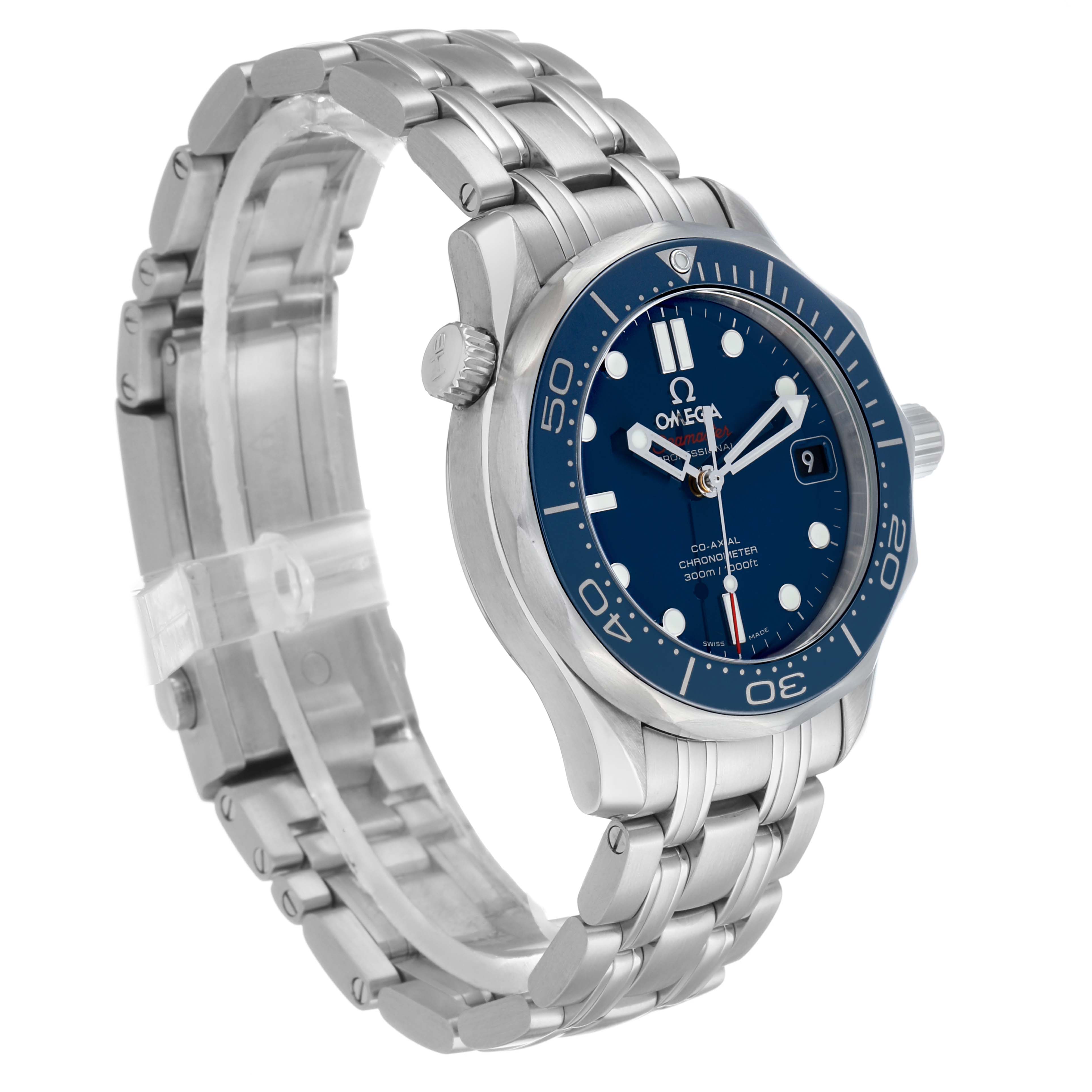 The Omega Seamaster 212.30.36.20.03.001 Men's Stainless Steel Blue Dial watch is shown from a front-side angle, displaying the dial, bezel, bracelet, and crown.