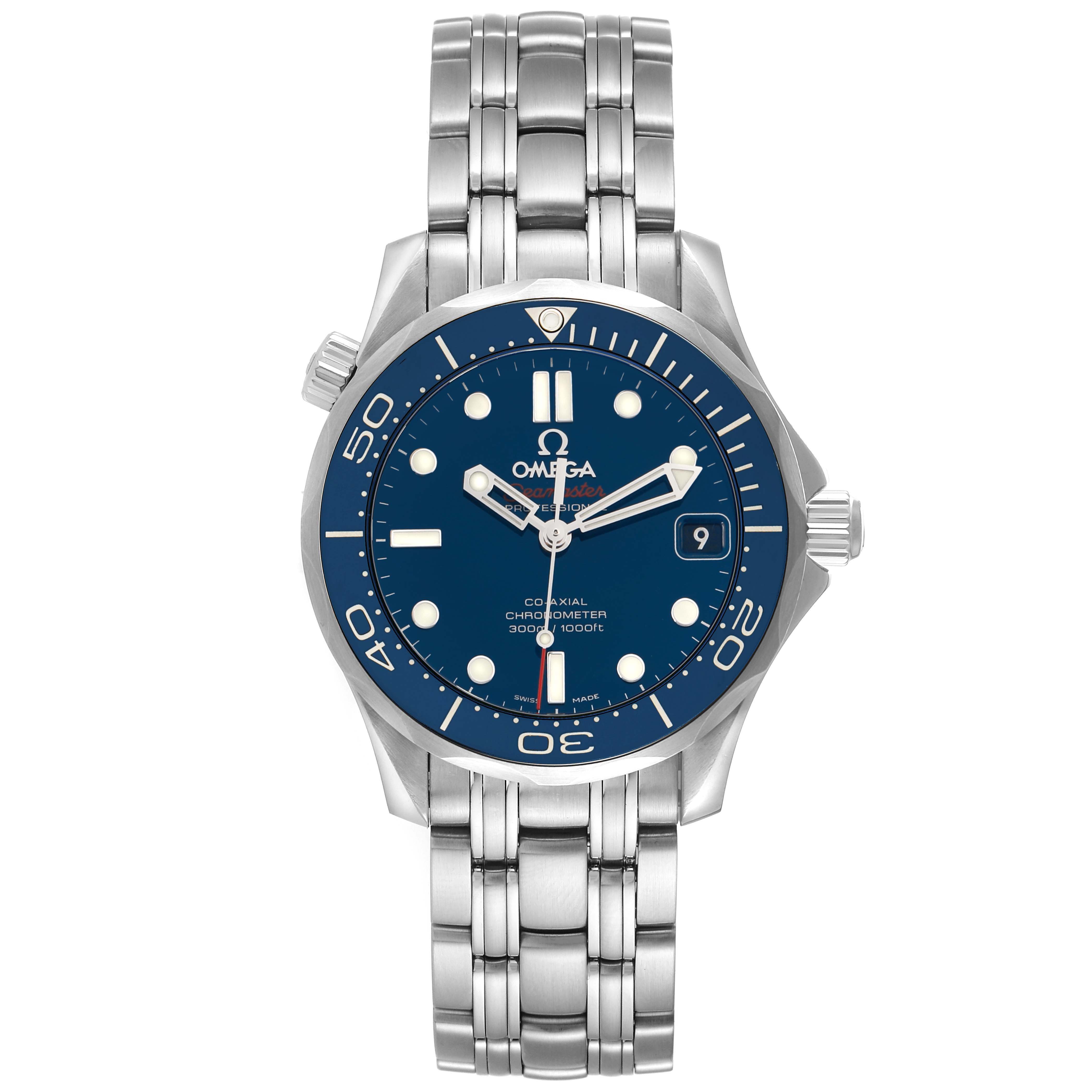 The Omega Seamaster 212.30.36.20.03.001 Men's Stainless Steel Blue Dial watch is shown from a front angle, displaying the face, bezel, crown, and bracelet.