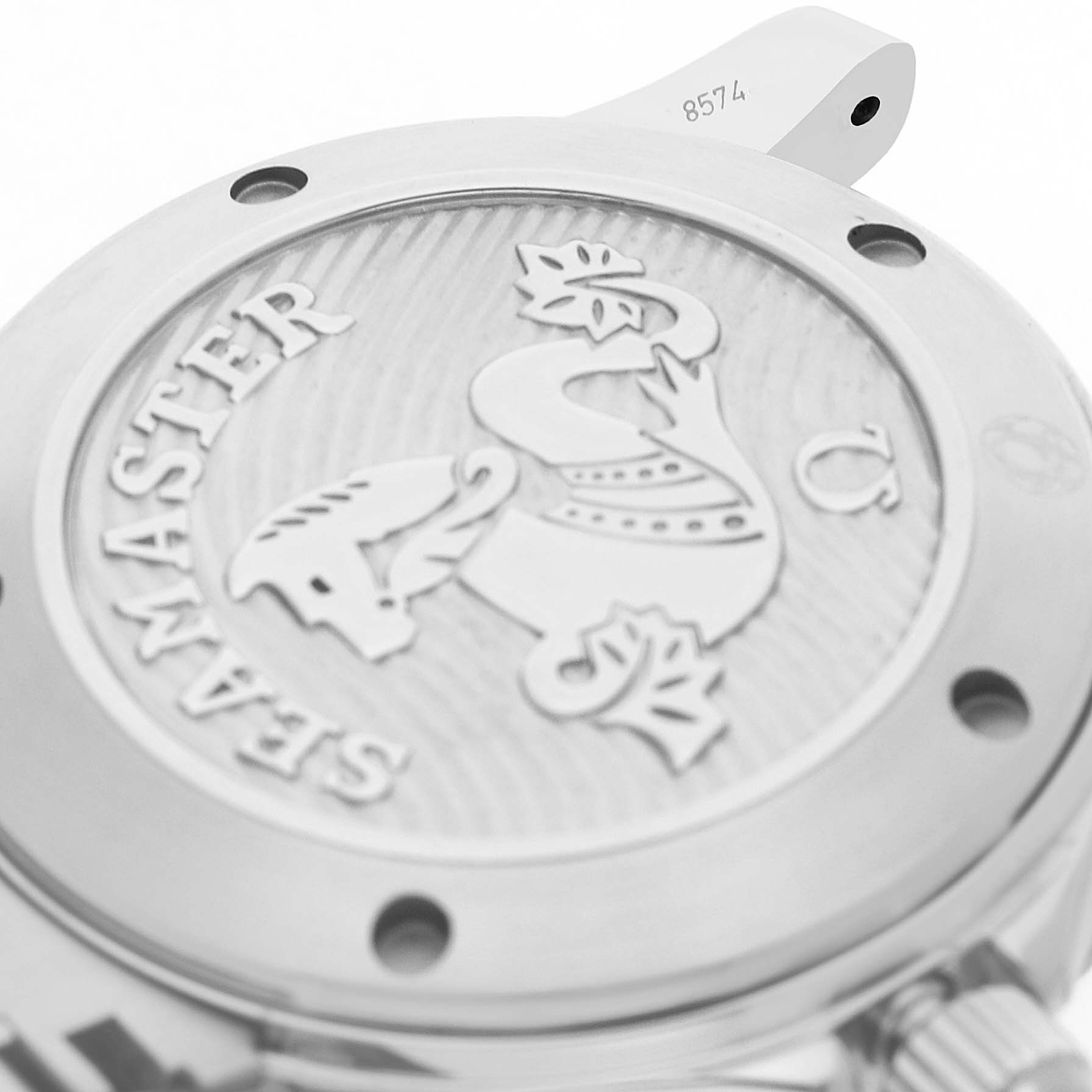 The image shows the case back of an Omega Seamaster 212.30.36.20.03.001 Men's Stainless Steel Blue Dial watch at an angled close-up, highlighting the engraved logo.