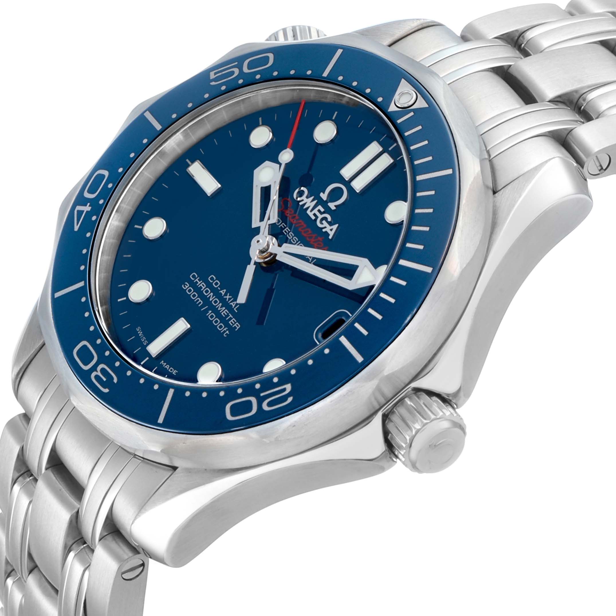 The Omega Seamaster 212.30.36.20.03.001 Men's Stainless Steel Blue Dial watch is shown at an angle highlighting the dial, bezel, crown, and stainless steel bracelet.