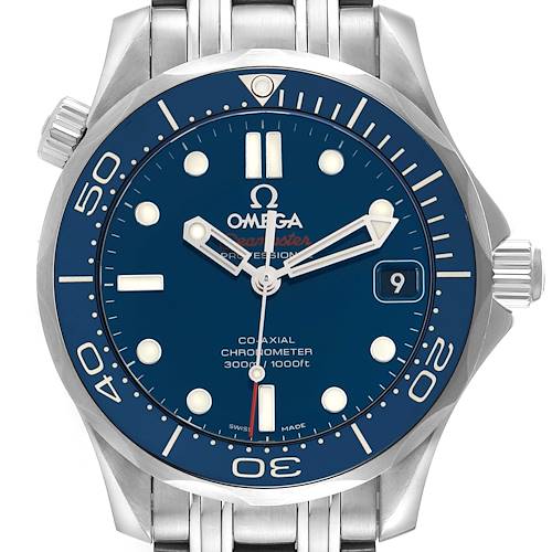The Omega Seamaster 212.30.36.20.03.001 Men's Stainless Steel Blue Dial watch is shown from a front angle, displaying the face, bezel, and part of the bracelet.