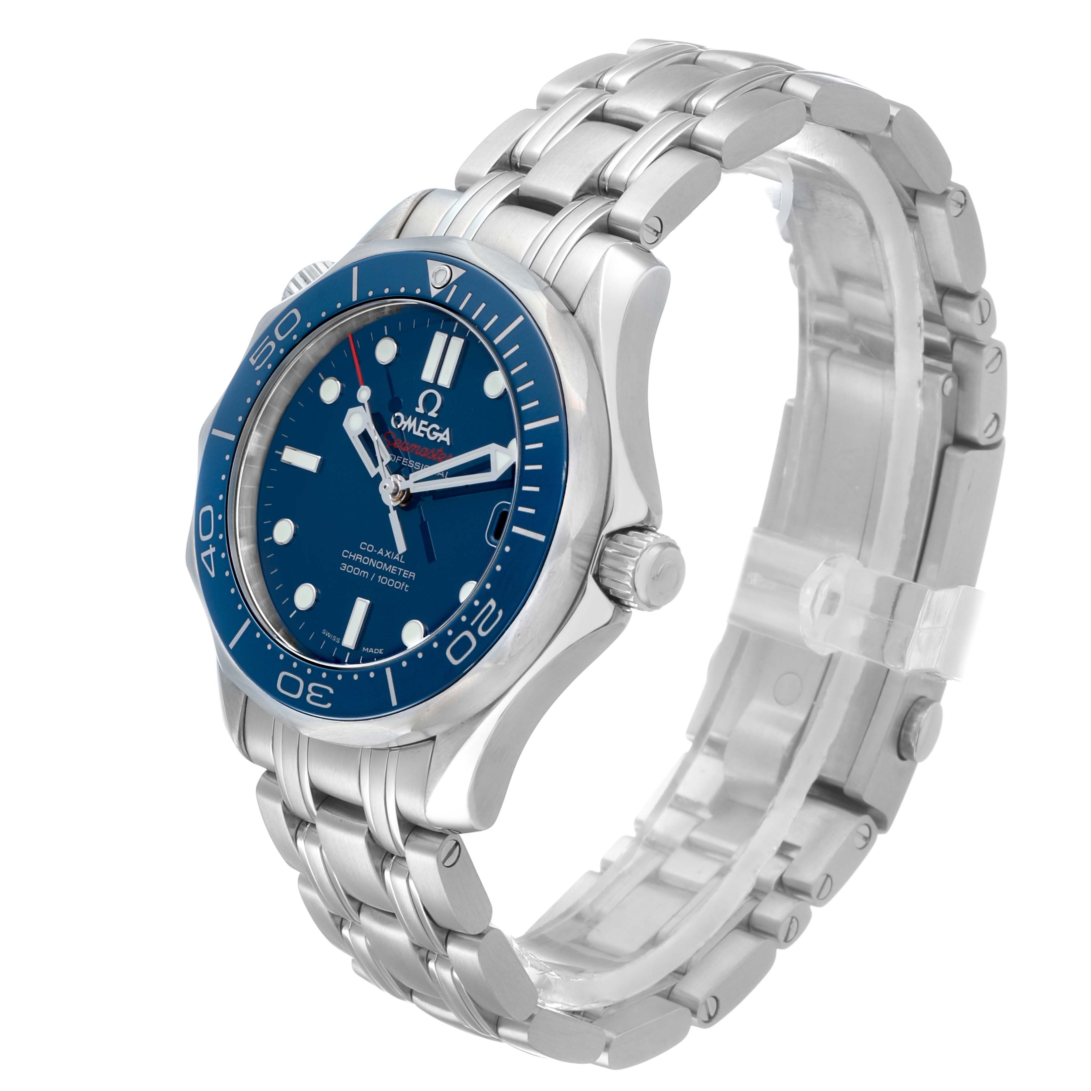 The Omega Seamaster 212.30.36.20.03.001 Men's Stainless Steel Blue Dial watch is shown at an angled side view, displaying the bezel, dial, and bracelet.