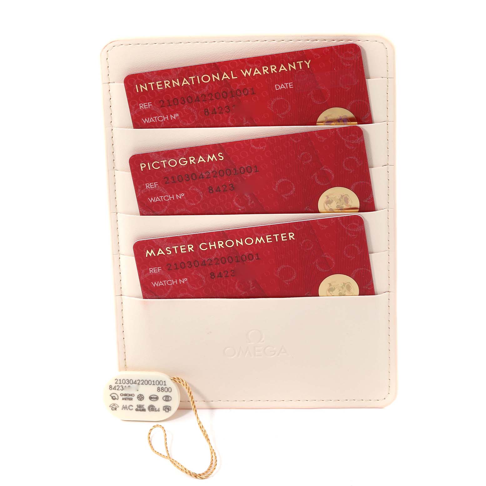 The image shows warranty and certification cards in a case for the Omega Seamaster 210.30.42.20.01.001 Men
s Stainless Steel Black Dial 210.30.42.20.01.001 Men
s Stainless Steel Black Dial watch model, plus a hang tag.