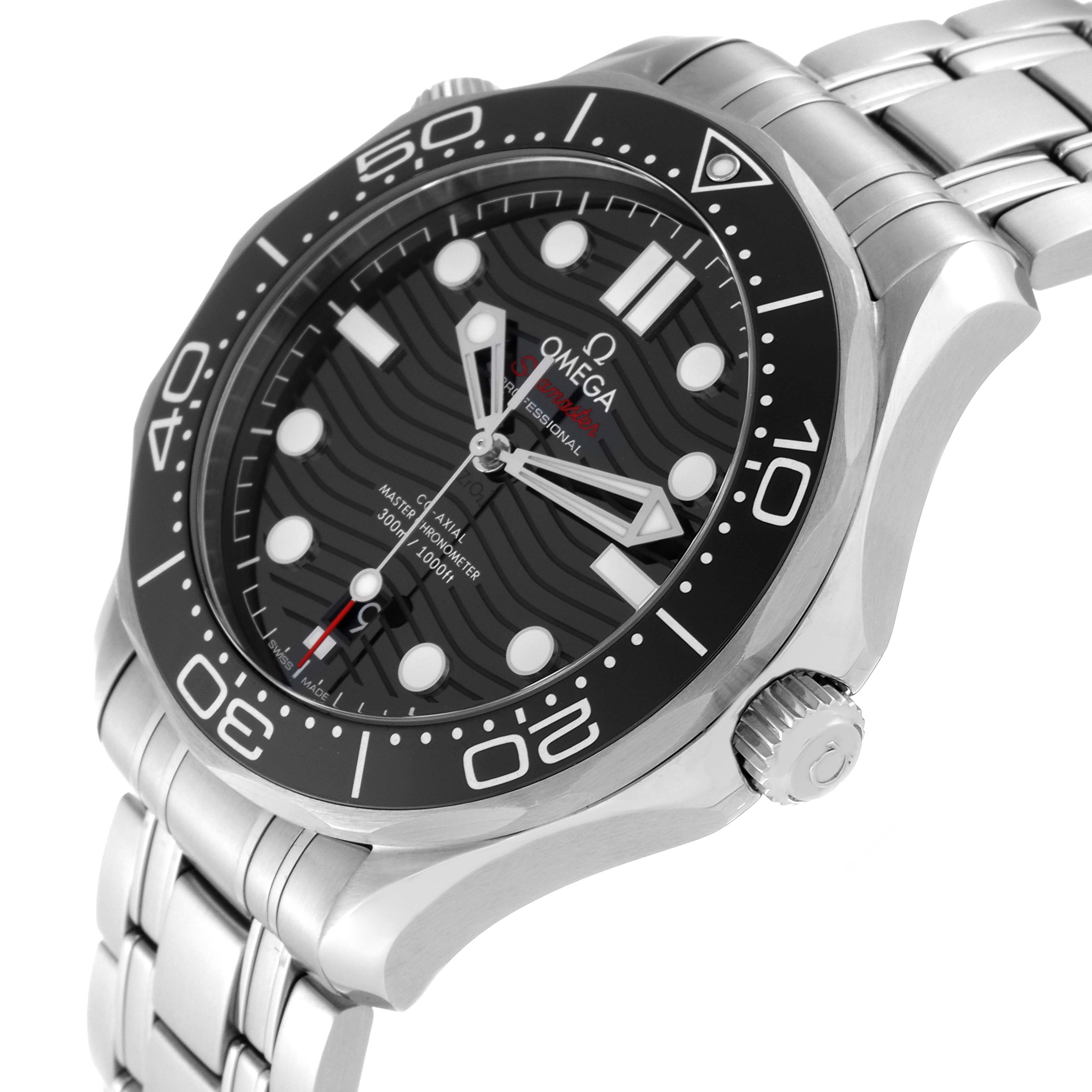 The image shows a side and angled view of the Omega Seamaster 210.30.42.20.01.001 Men
s Stainless Steel Black Dial 210.30.42.20.01.001 Men
s Stainless Steel Black Dial watch, highlighting its black dial, bezel, crown, and metal bracelet.