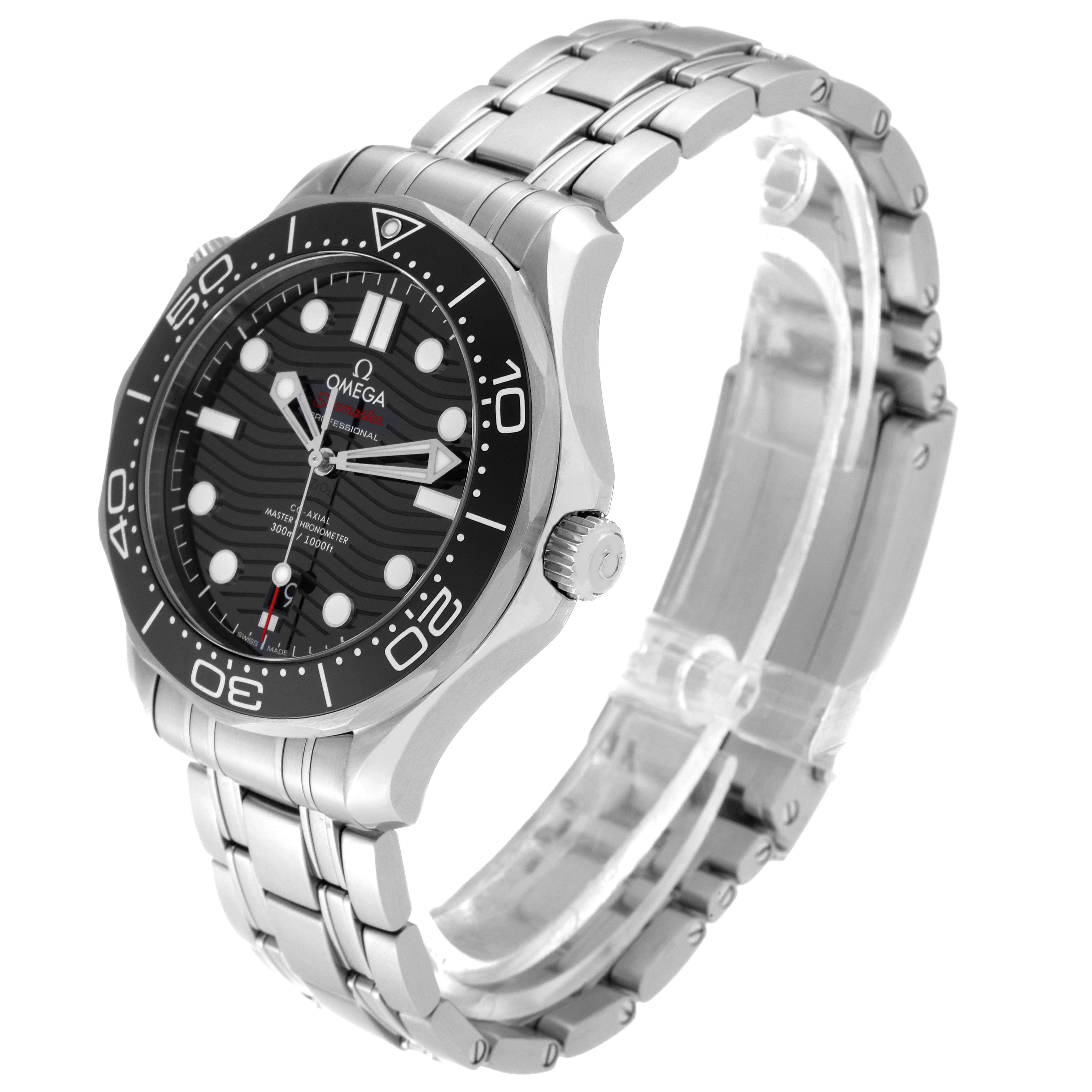 The image shows an Omega Seamaster 210.30.42.20.01.001 Men
s Stainless Steel Black Dial 210.30.42.20.01.001 Men
s Stainless Steel Black Dial watch at a three-quarter angle, highlighting the bracelet, bezel, dial, and crown.