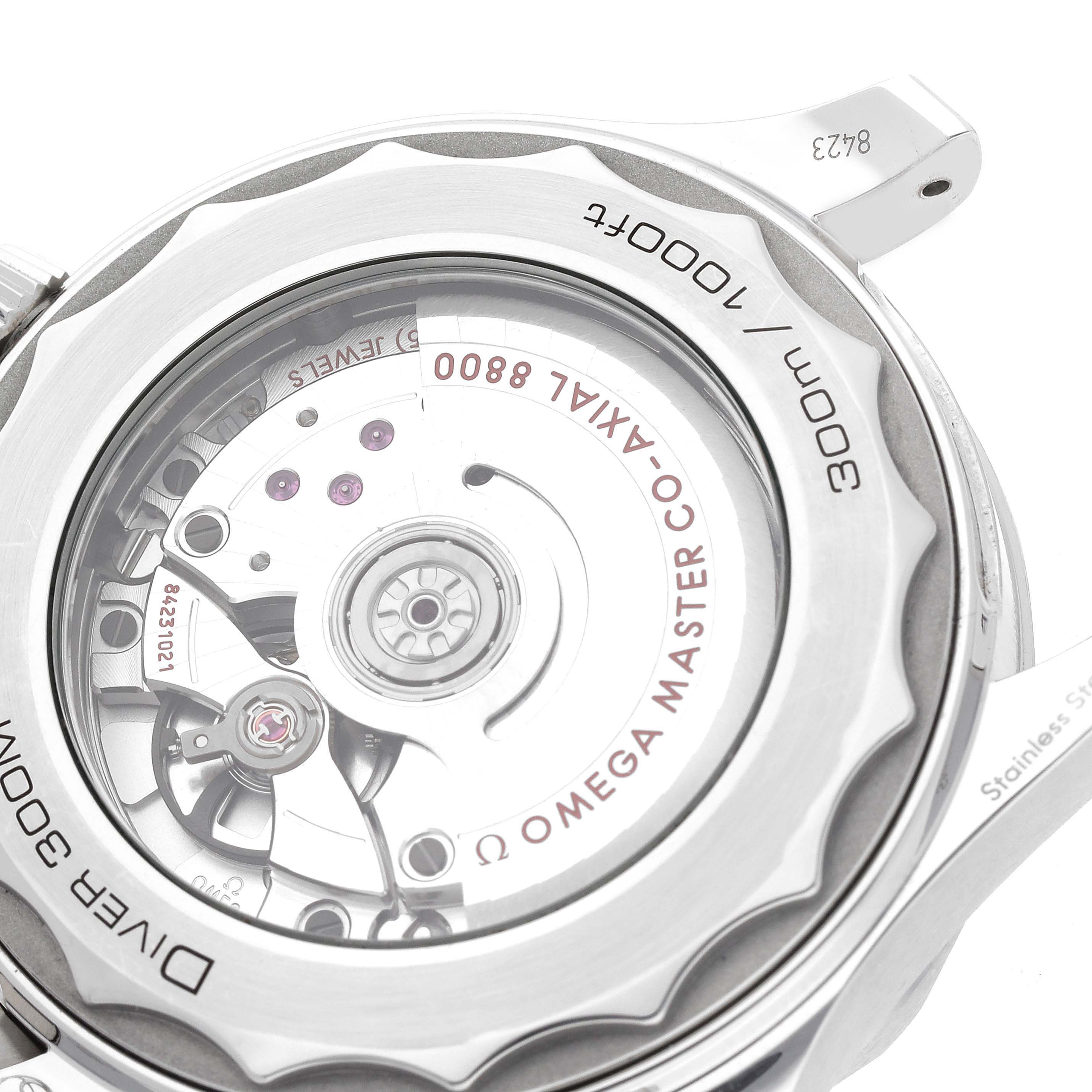 This image shows the back of an Omega Seamaster 210.30.42.20.01.001 Men
s Stainless Steel Black Dial 210.30.42.20.01.001 Men
s Stainless Steel Black Dial watch, highlighting its 8800 Co-Axial Master chronometer movement.