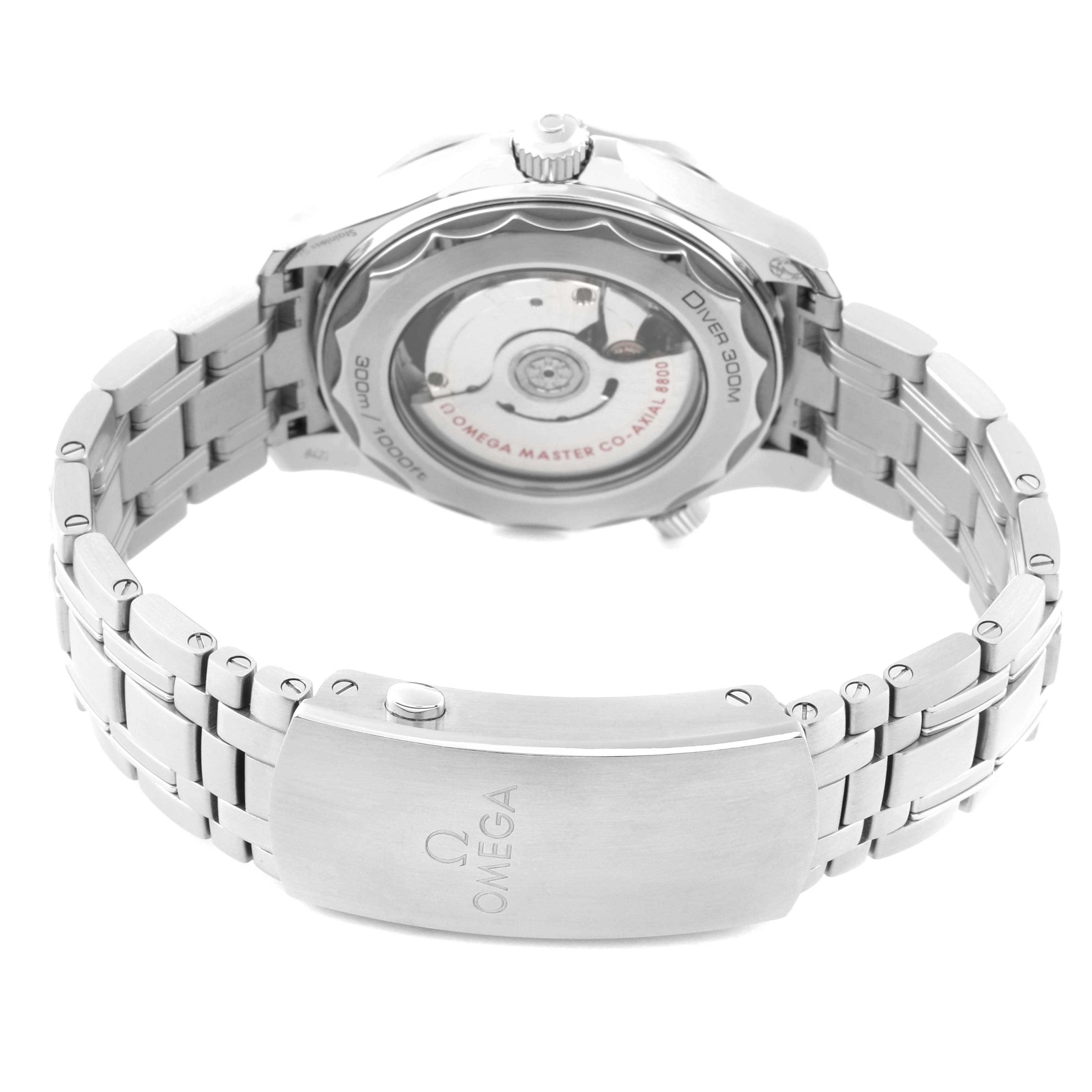 This image shows the back view of the Omega Seamaster 210.30.42.20.01.001 Men
s Stainless Steel Black Dial 210.30.42.20.01.001 Men
s Stainless Steel Black Dial with an open clasp displaying the movement and the branded clasp.