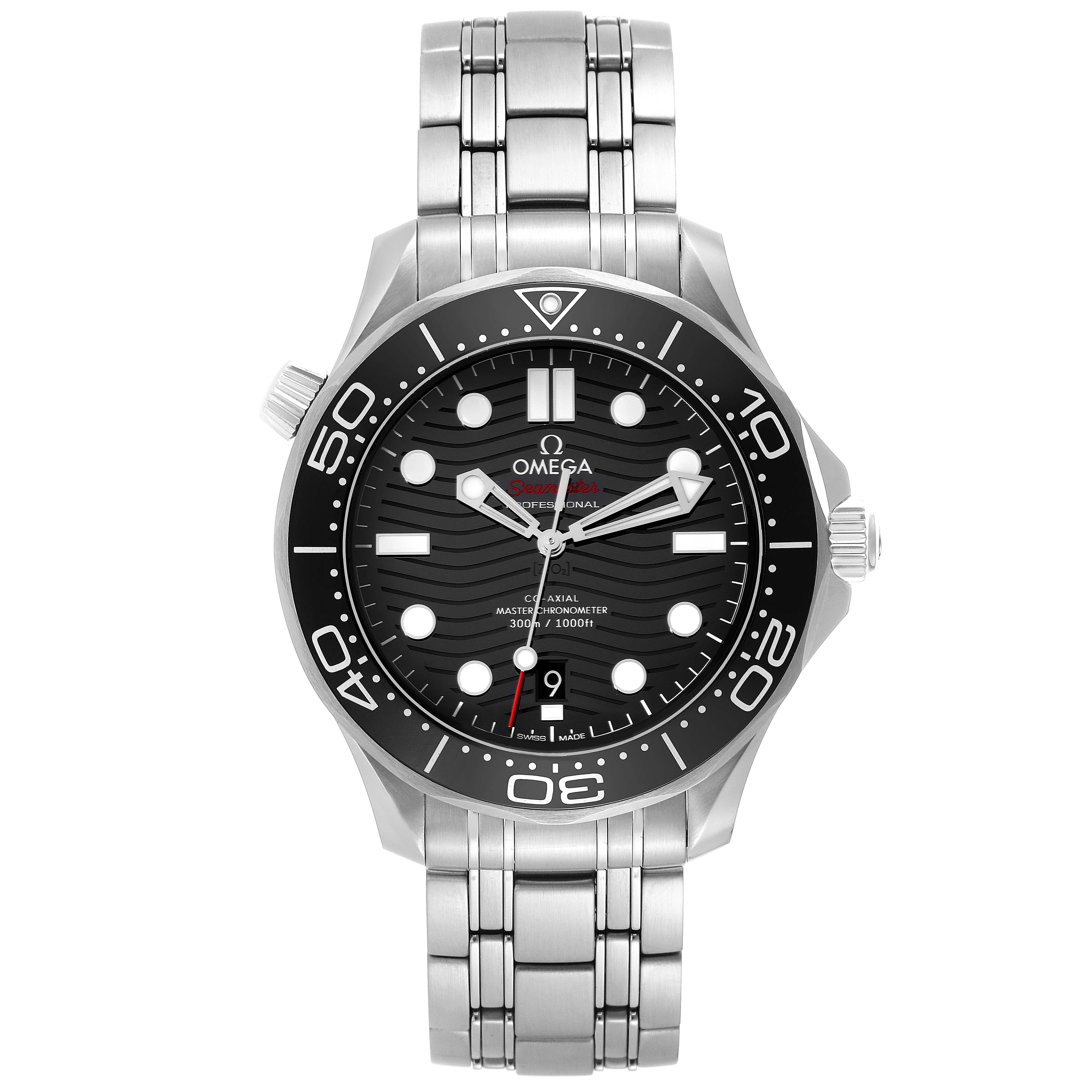 The image shows a front view of the Omega Seamaster 210.30.42.20.01.001 Men
s Stainless Steel Black Dial 210.30.42.20.01.001 Men
s Stainless Steel Black Dial wristwatch, highlighting its dial, bezel, and bracelet.