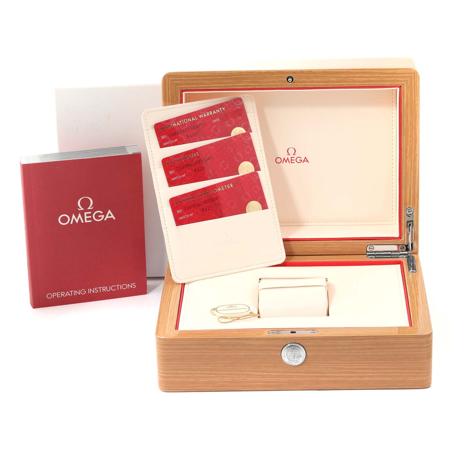 The image shows an Omega Seamaster 210.30.42.20.01.001 Men
s Stainless Steel Black Dial 210.30.42.20.01.001 Men
s Stainless Steel Black Dial watch box, international warranty cards, operating instructions, and accessories.