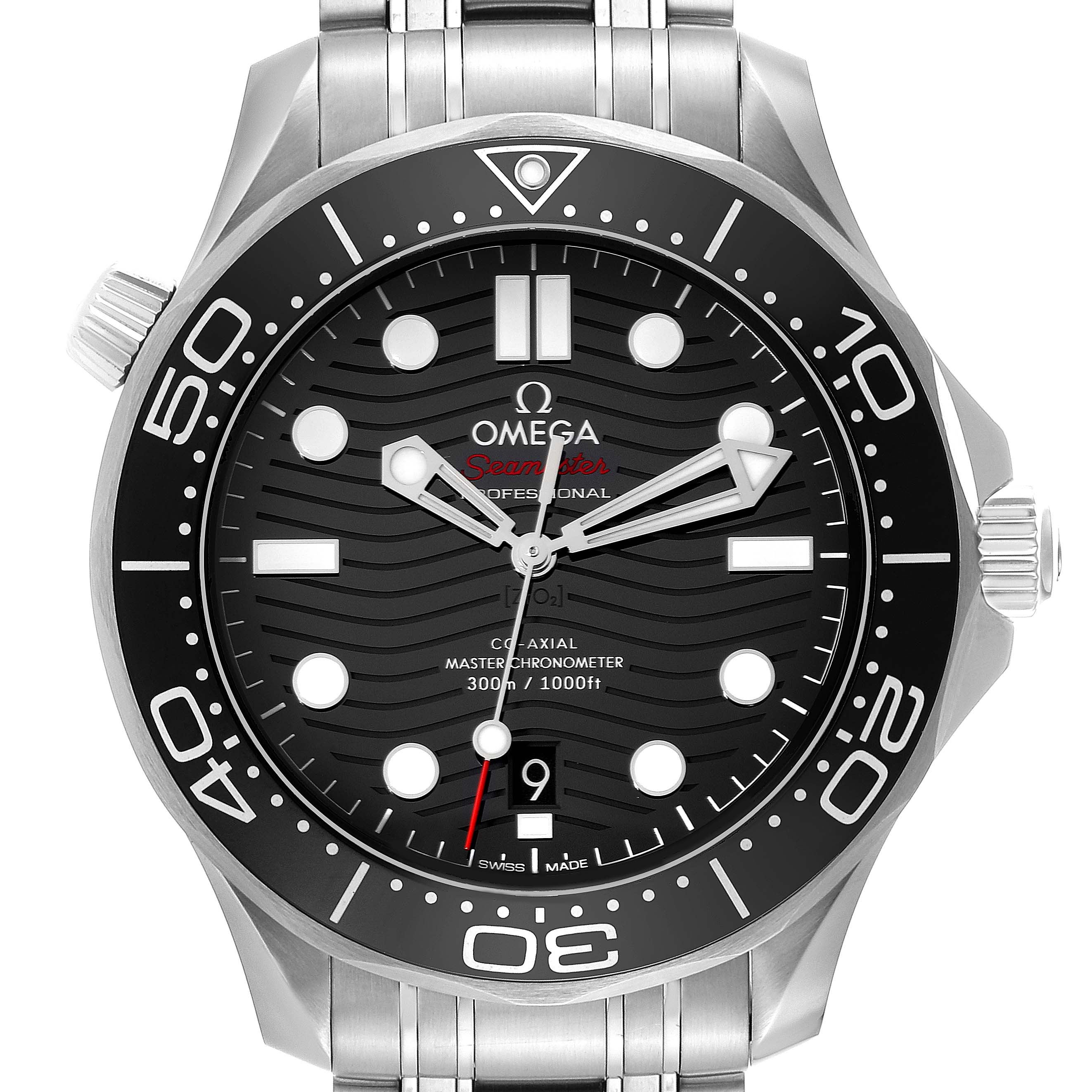 This is a front-facing view of an Omega Seamaster 210.30.42.20.01.001 Men
s Stainless Steel Black Dial 210.30.42.20.01.001 Men
s Stainless Steel Black Dial watch displaying the dial, bezel, and part of the stainless steel bracelet.
