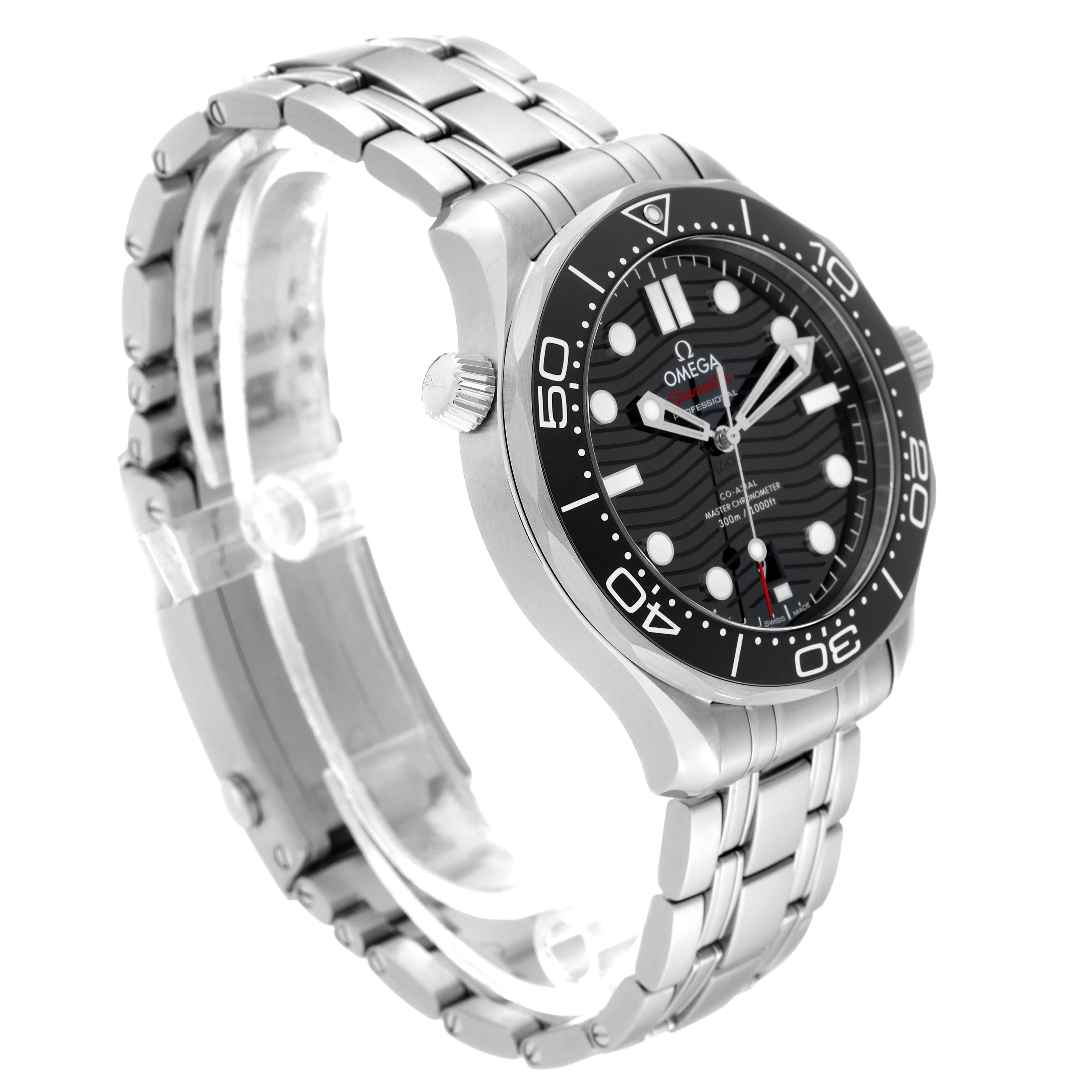 The Omega Seamaster 210.30.42.20.01.001 Men
s Stainless Steel Black Dial 210.30.42.20.01.001 Men
s Stainless Steel Black Dial watch is shown at a three-quarter angle, displaying the face, bezel, crown, and stainless steel bracelet.