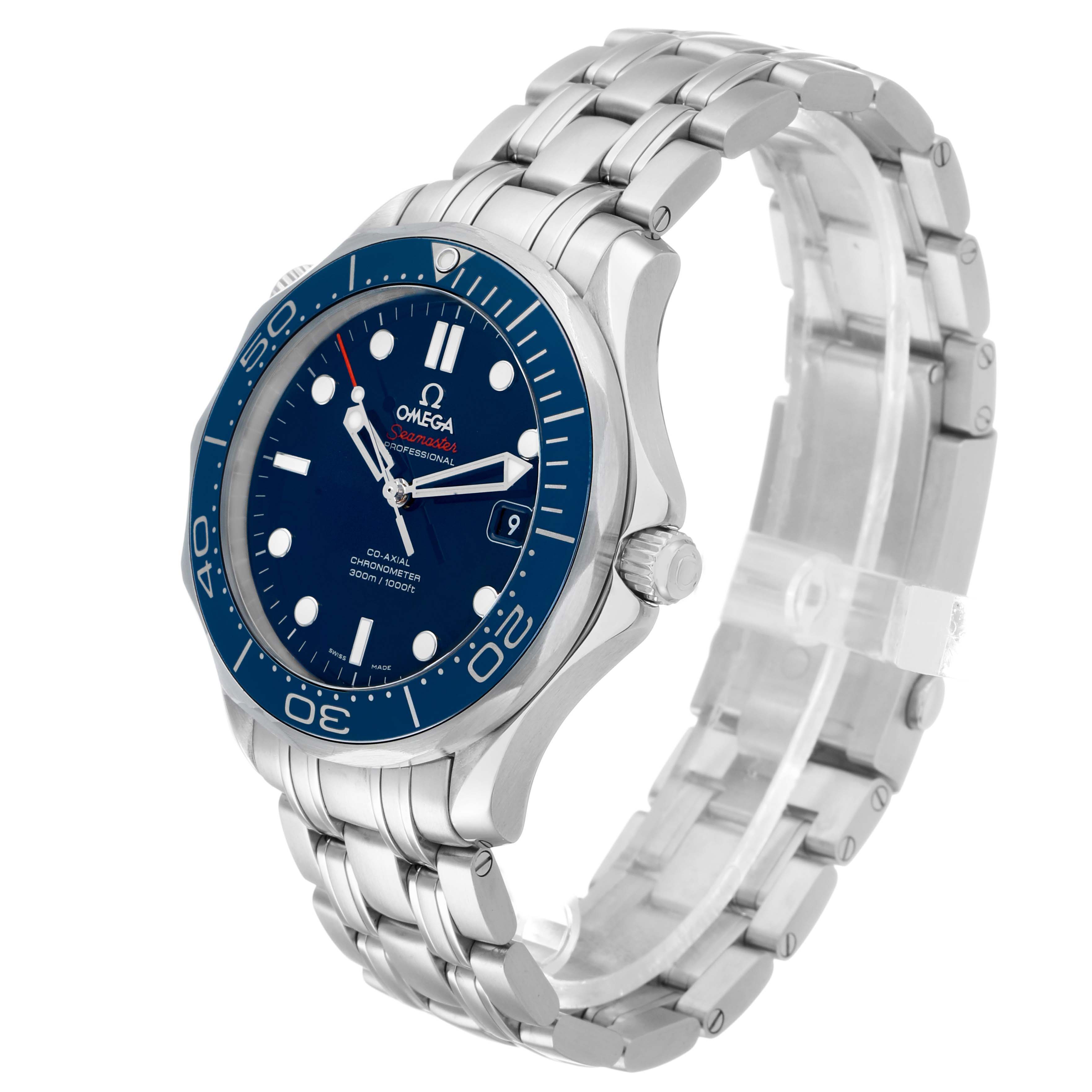 The Omega Seamaster 212.30.41.20.03.001 Men's Stainless Steel Blue Dial watch is shown at a three-quarter angle, highlighting its face, bezel, and bracelet.