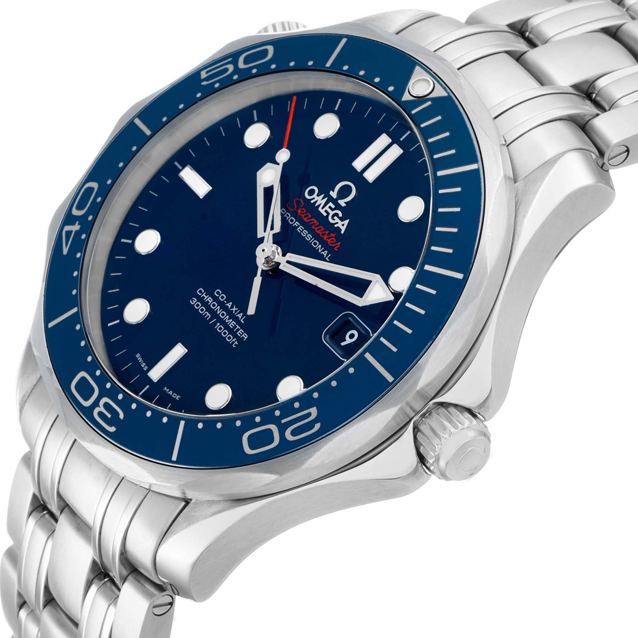 The Omega Seamaster 212.30.41.20.03.001 Men's Stainless Steel Blue Dial watch is shown at an angle highlighting the dial, bezel, crown, and part of the bracelet.