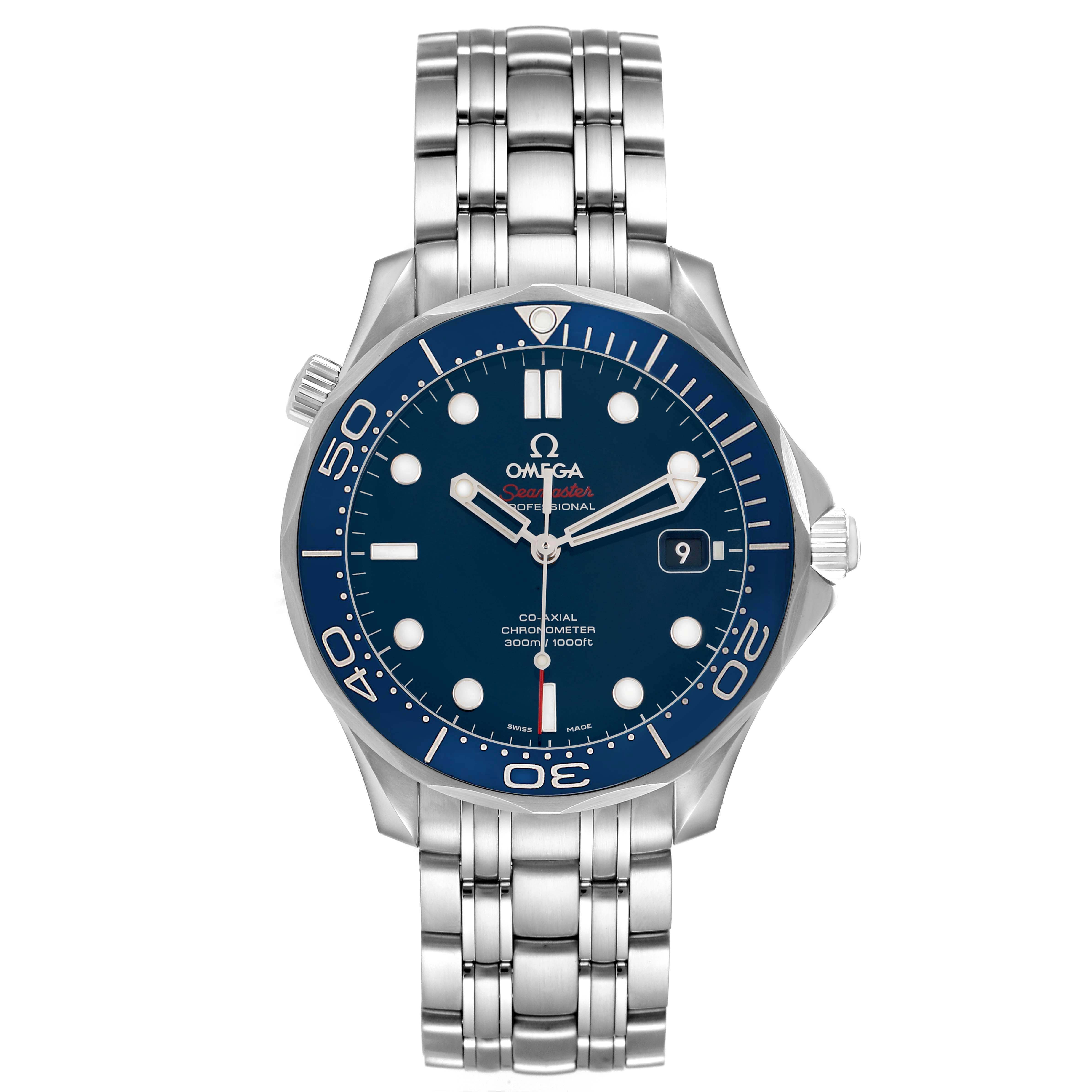 The image shows a frontal view of the Omega Seamaster 212.30.41.20.03.001 Men's Stainless Steel Blue Dial watch, highlighting its bezel, dial, bracelet, and crown.