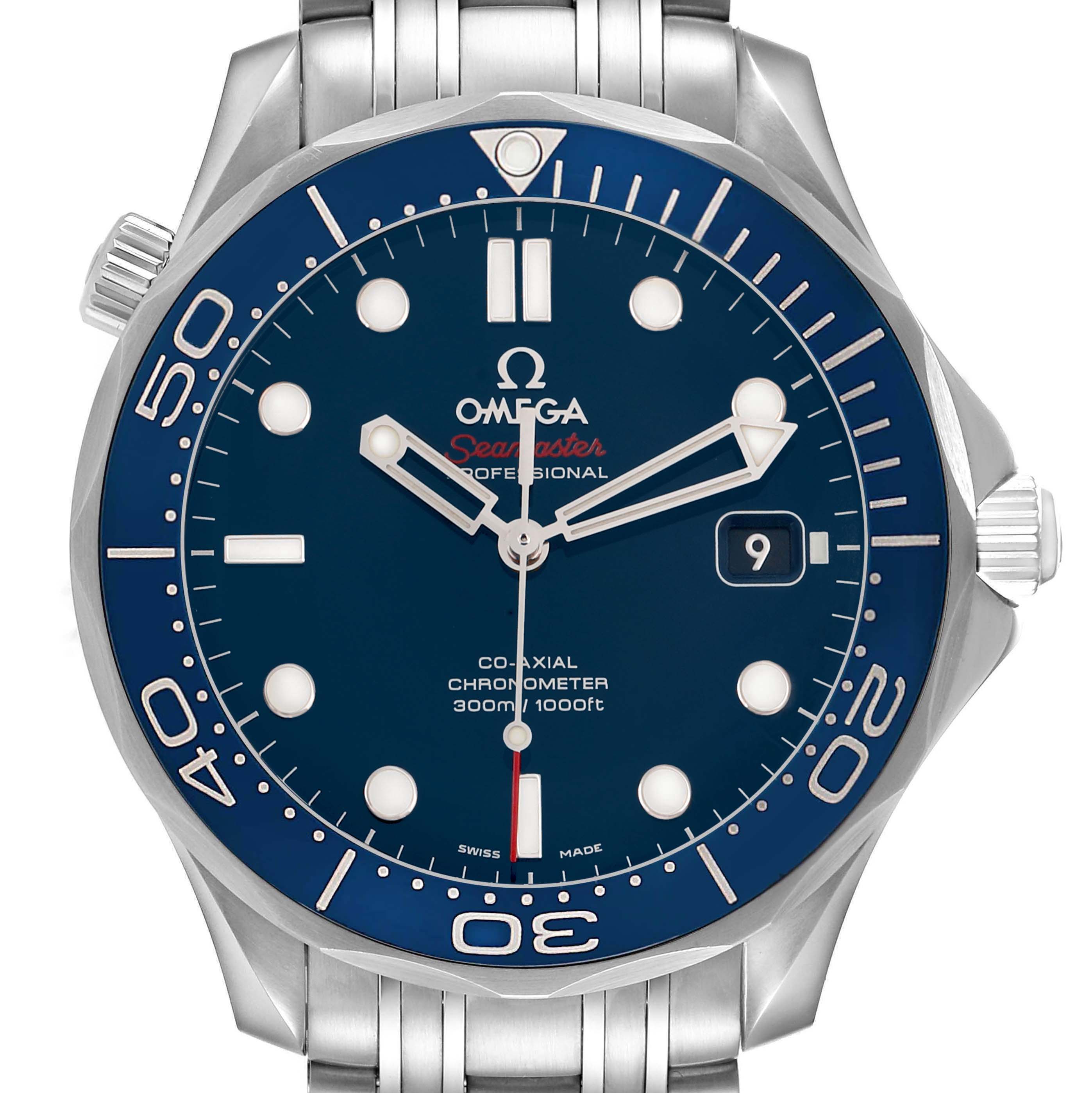 The Omega Seamaster 212.30.41.20.03.001 Men's Stainless Steel Blue Dial watch is shown from a front angle highlighting the blue dial, bezel, and bracelet.
