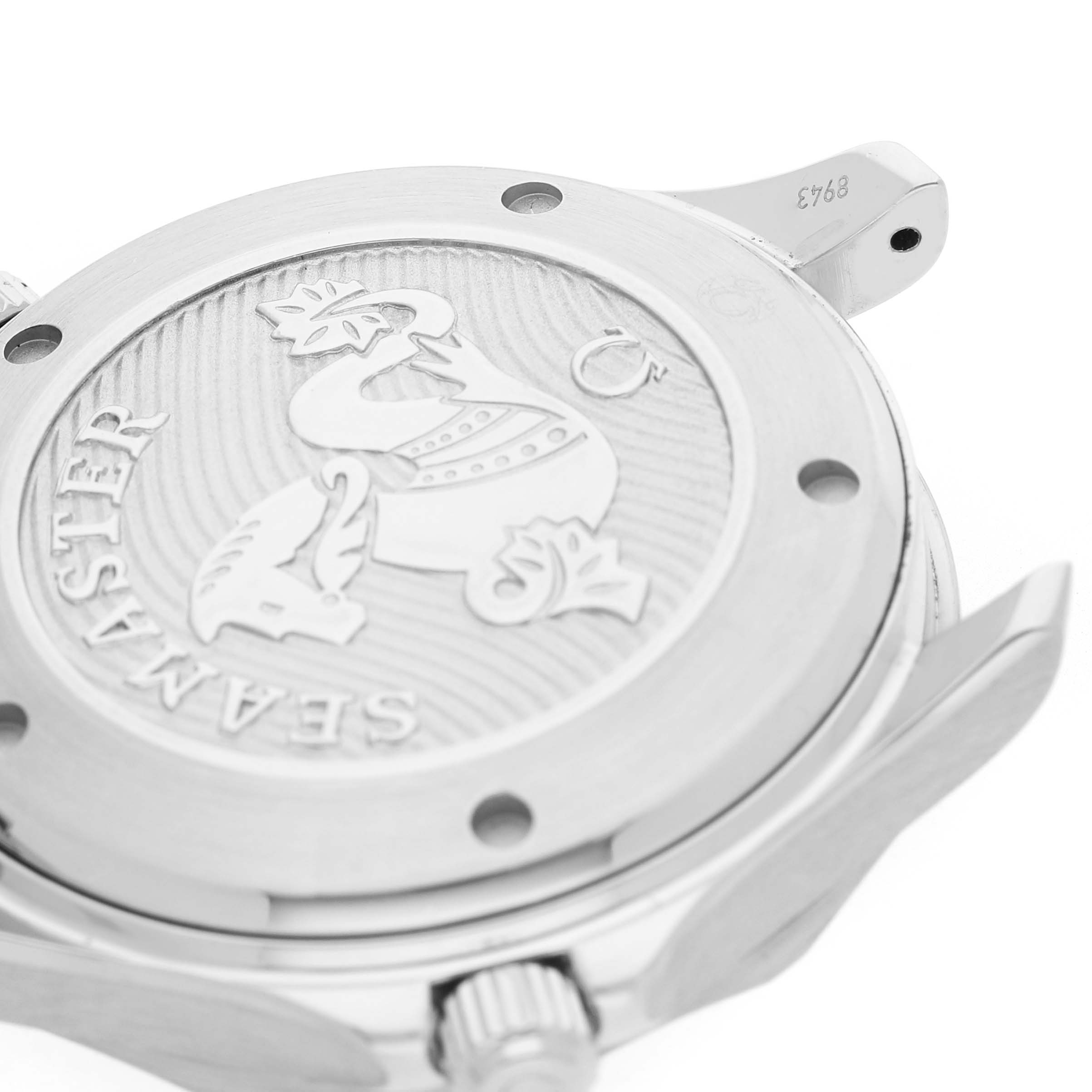 The image shows the case back of an Omega Seamaster 212.30.41.20.03.001 Men's Stainless Steel Blue Dial watch, featuring the embossed logo at an angled view.