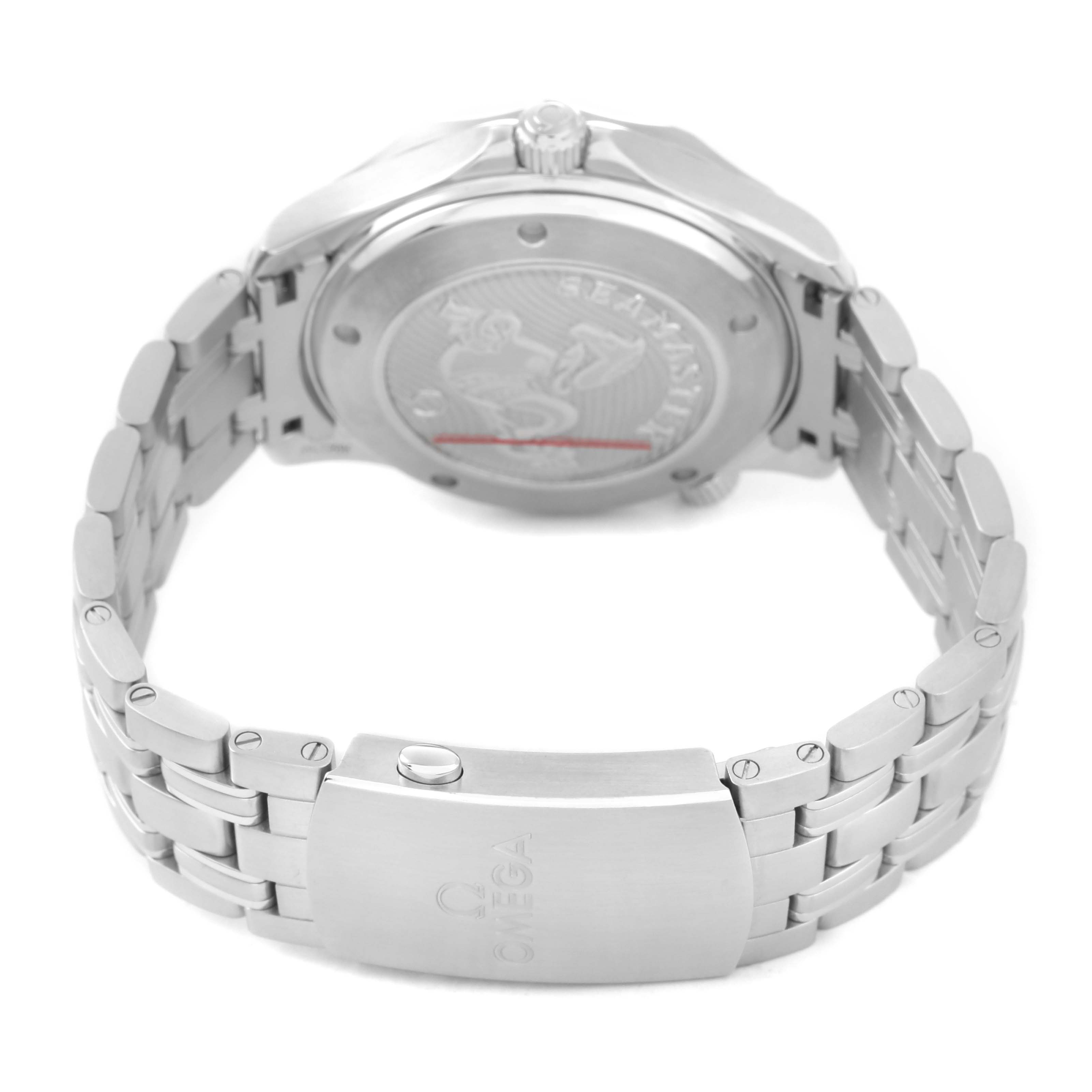 The image shows the back view of an Omega Seamaster 212.30.41.20.03.001 Men's Stainless Steel Blue Dial watch, highlighting the clasp and case back.