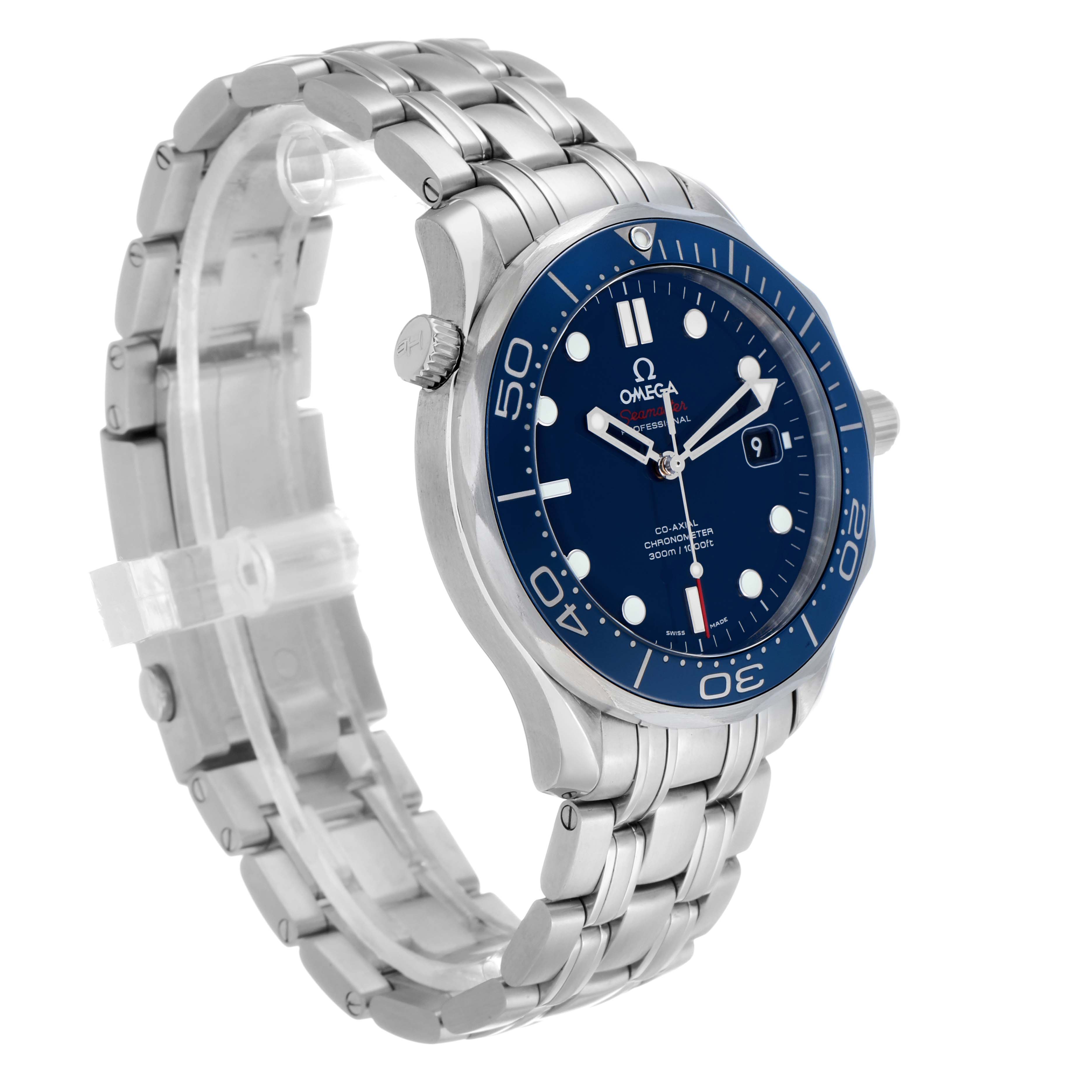 The Omega Seamaster 212.30.41.20.03.001 Men's Stainless Steel Blue Dial watch is shown at a three-quarter angle, displaying the blue dial, bezel, and stainless steel bracelet.