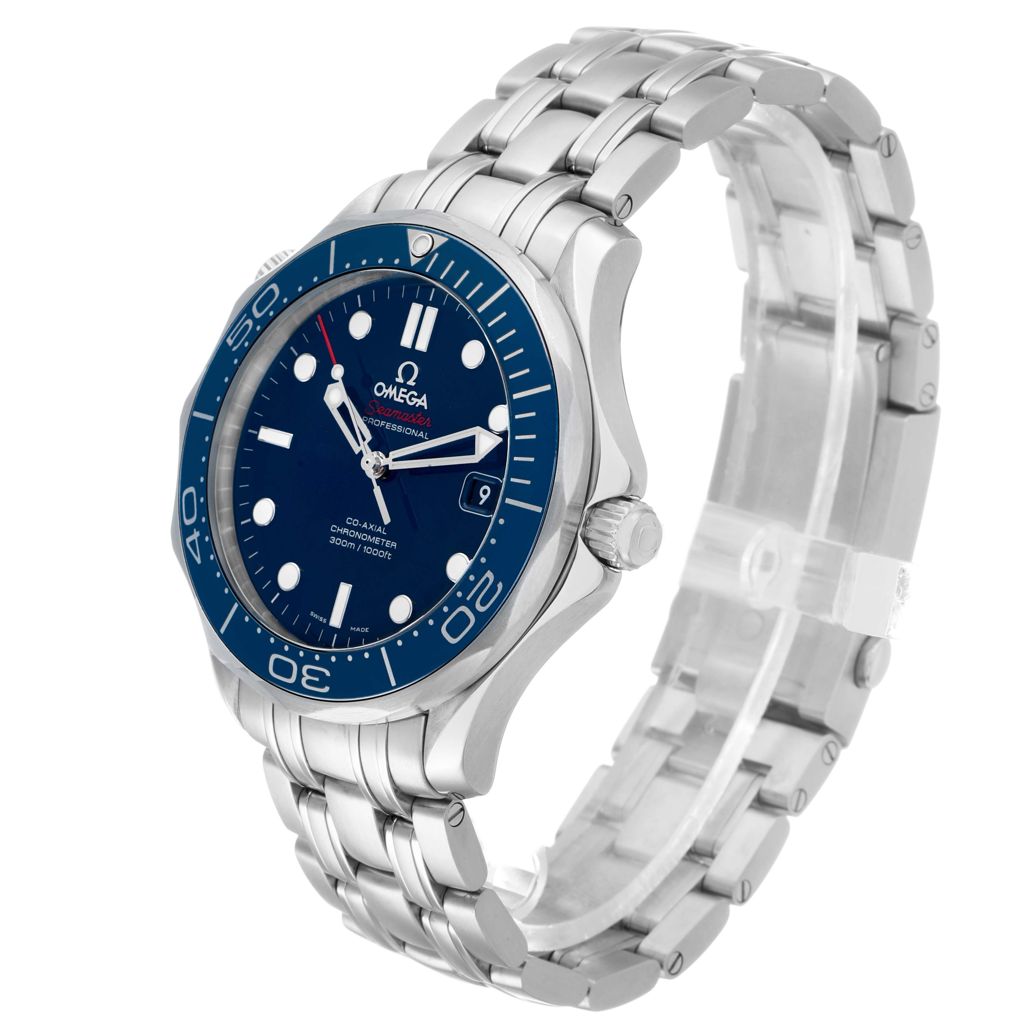 The image shows an Omega Seamaster 212.30.41.20.03.001 Men's Stainless Steel Blue Dial watch at a three-quarter angle, highlighting the dial, bezel, crown, and stainless steel bracelet.