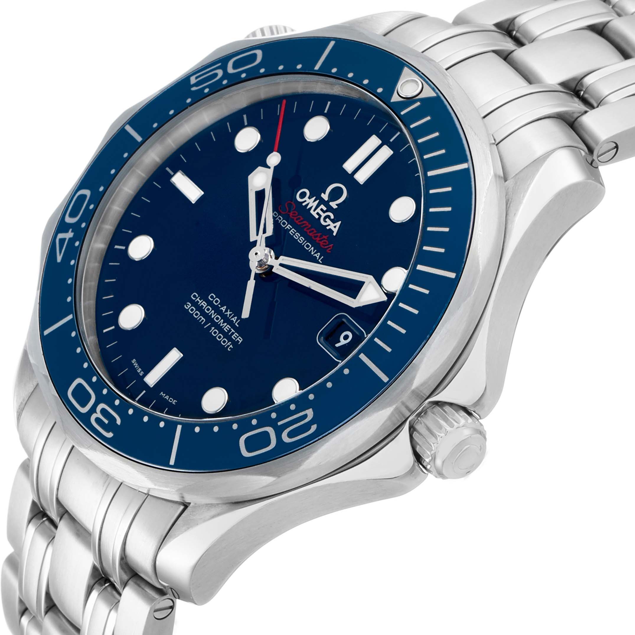 The Omega Seamaster 212.30.41.20.03.001 Men's Stainless Steel Blue Dial is shown at an angled top view, highlighting the dial, bezel, case, and bracelet.