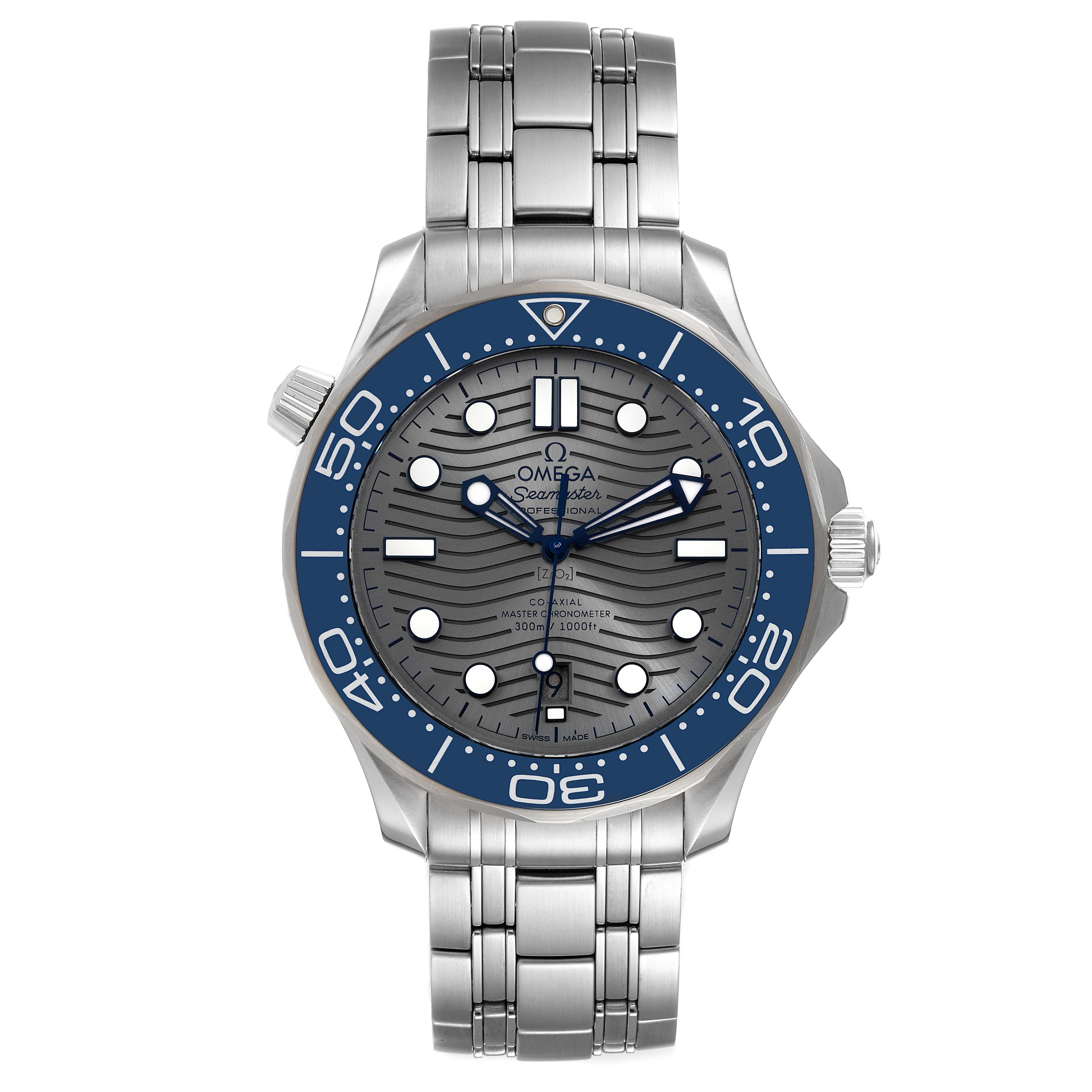 The Omega Seamaster 210.30.42.20.06.001 Men
s Stainless Steel Grey Dial 210.30.42.20.06.001 Men
s Stainless Steel Grey Dial watch is shown from a front angle, displaying the dial, bezel, and bracelet.